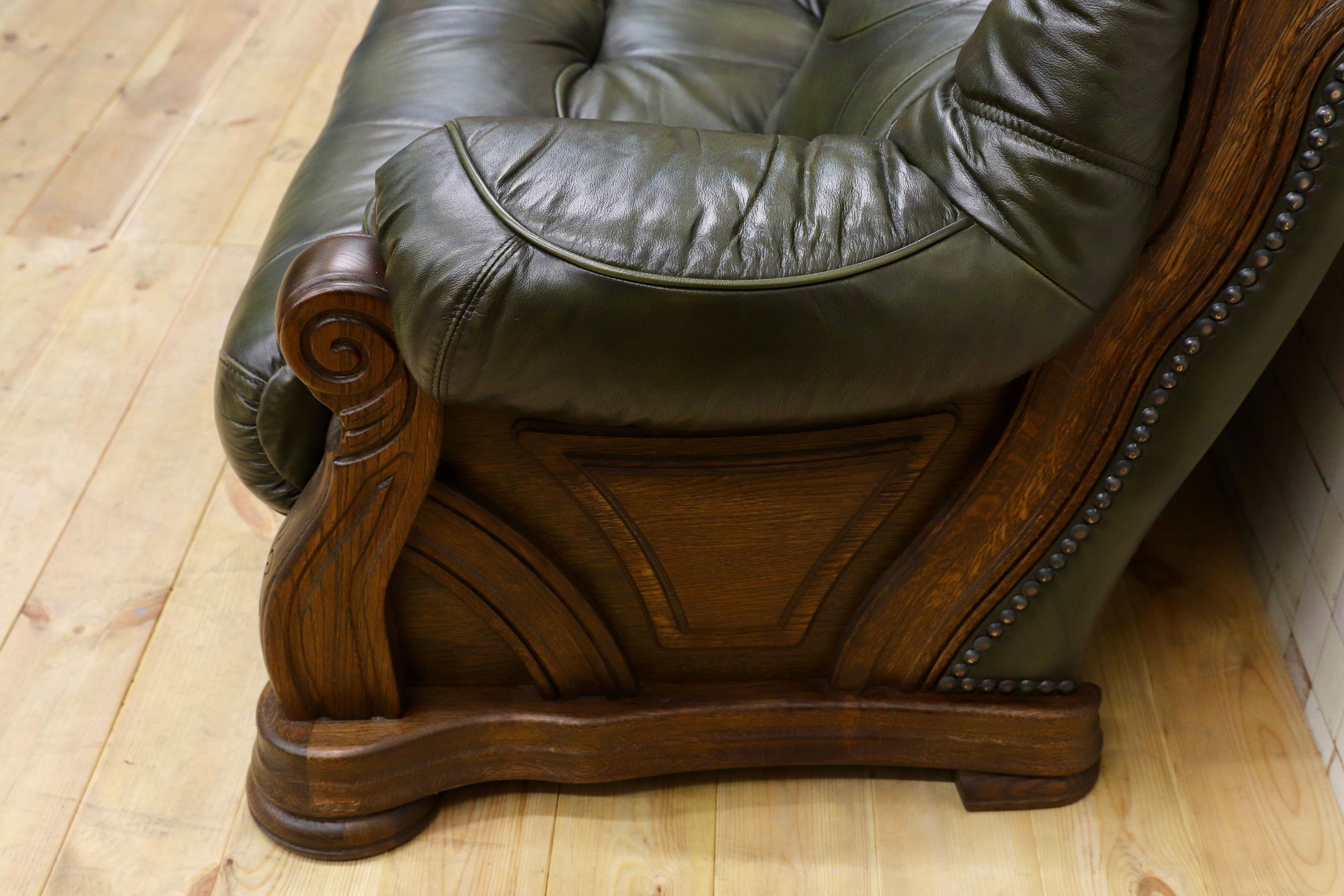 GMHO99B○オランダ製 ダッチカントリー 3人掛けソファ トリプルソファ オーク材 本革 緑 椅子 クラシック ヴィンテージ 約60万