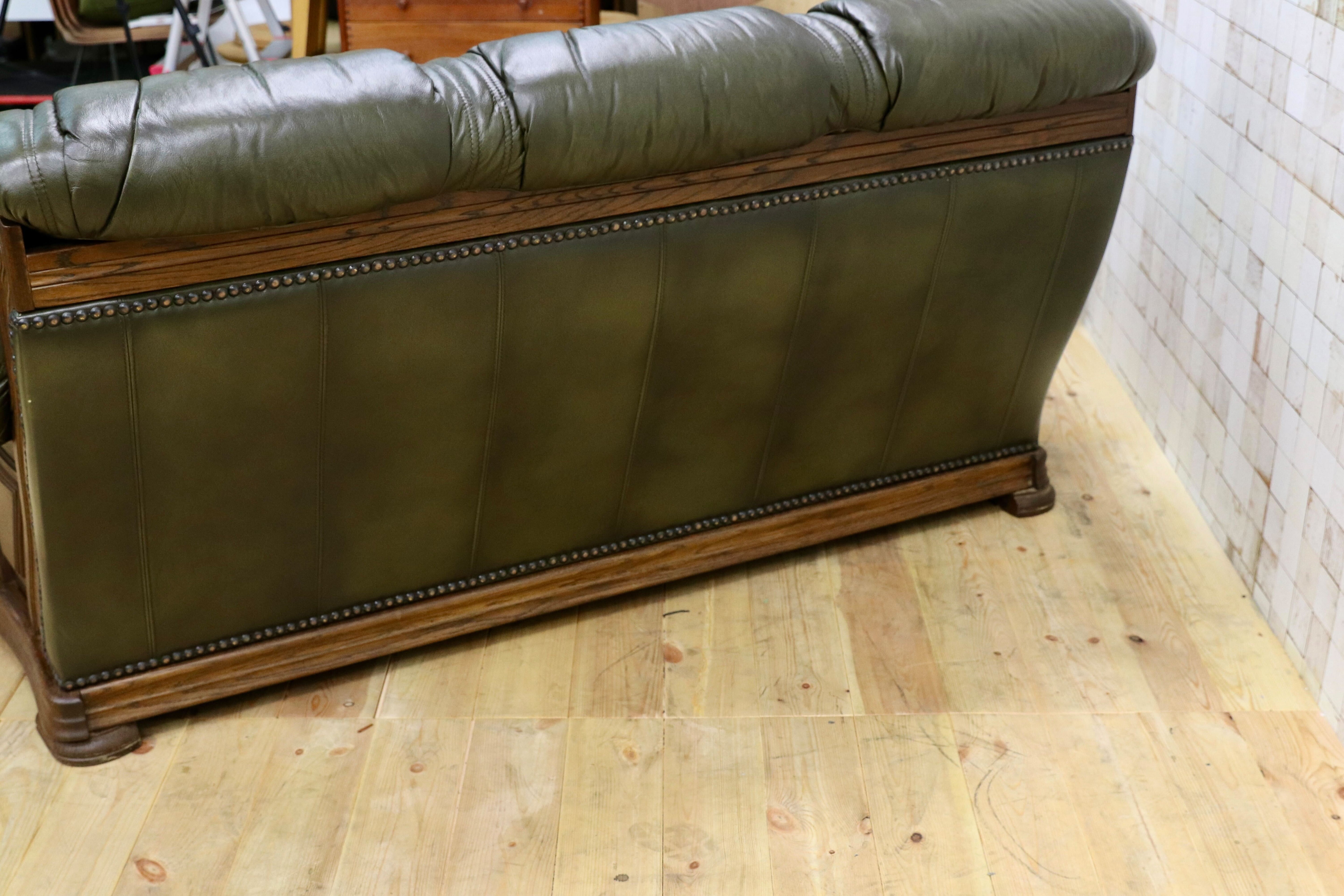 GMHO99B○オランダ製 ダッチカントリー 3人掛けソファ トリプルソファ オーク材 本革 緑 椅子 クラシック ヴィンテージ 約60万