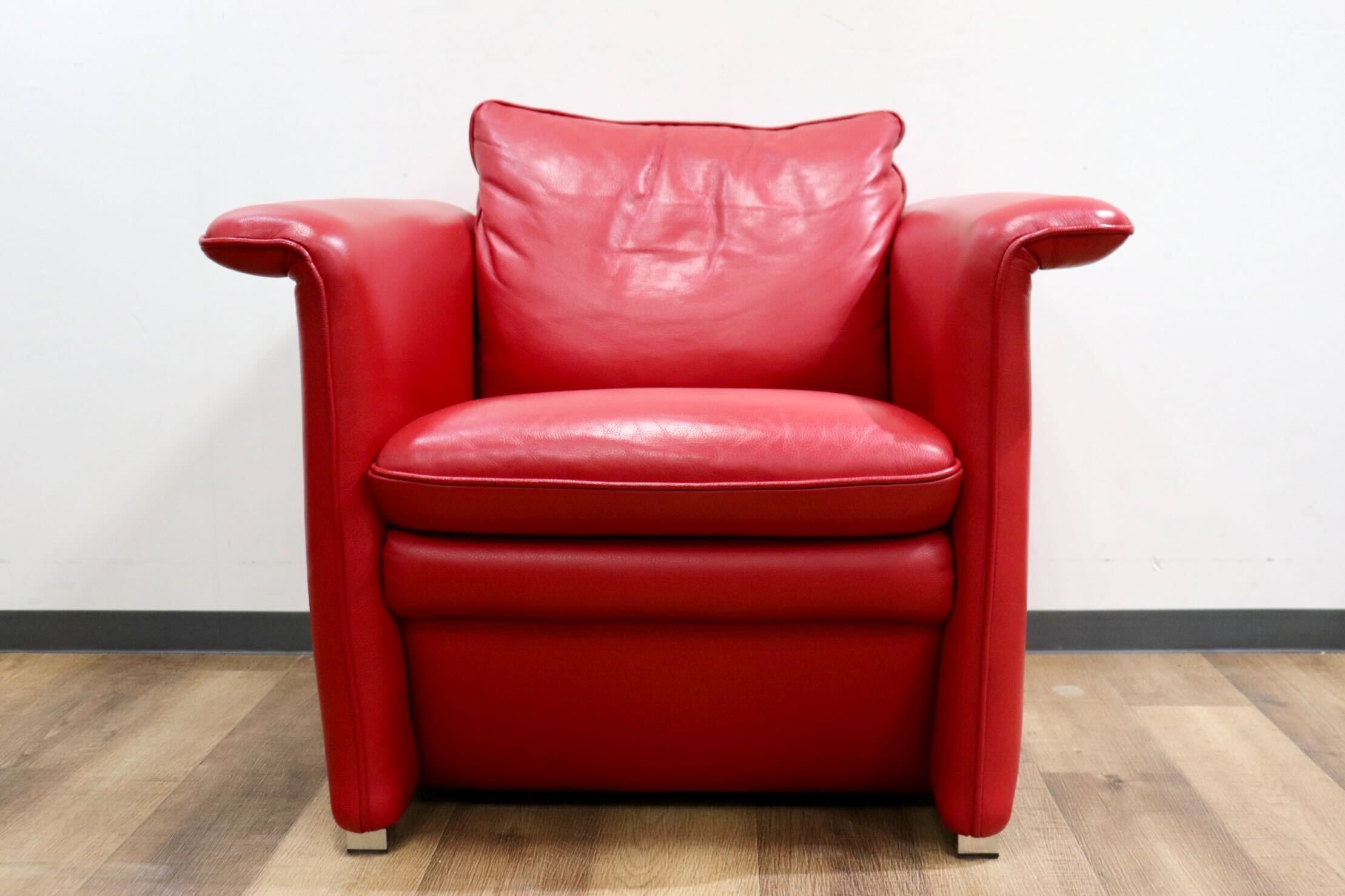 GMHK856○Domicil / ドミシール 1人掛けソファ シングルソファ アームソファ 総革 赤 モダン IDC大塚家具 定価約14万