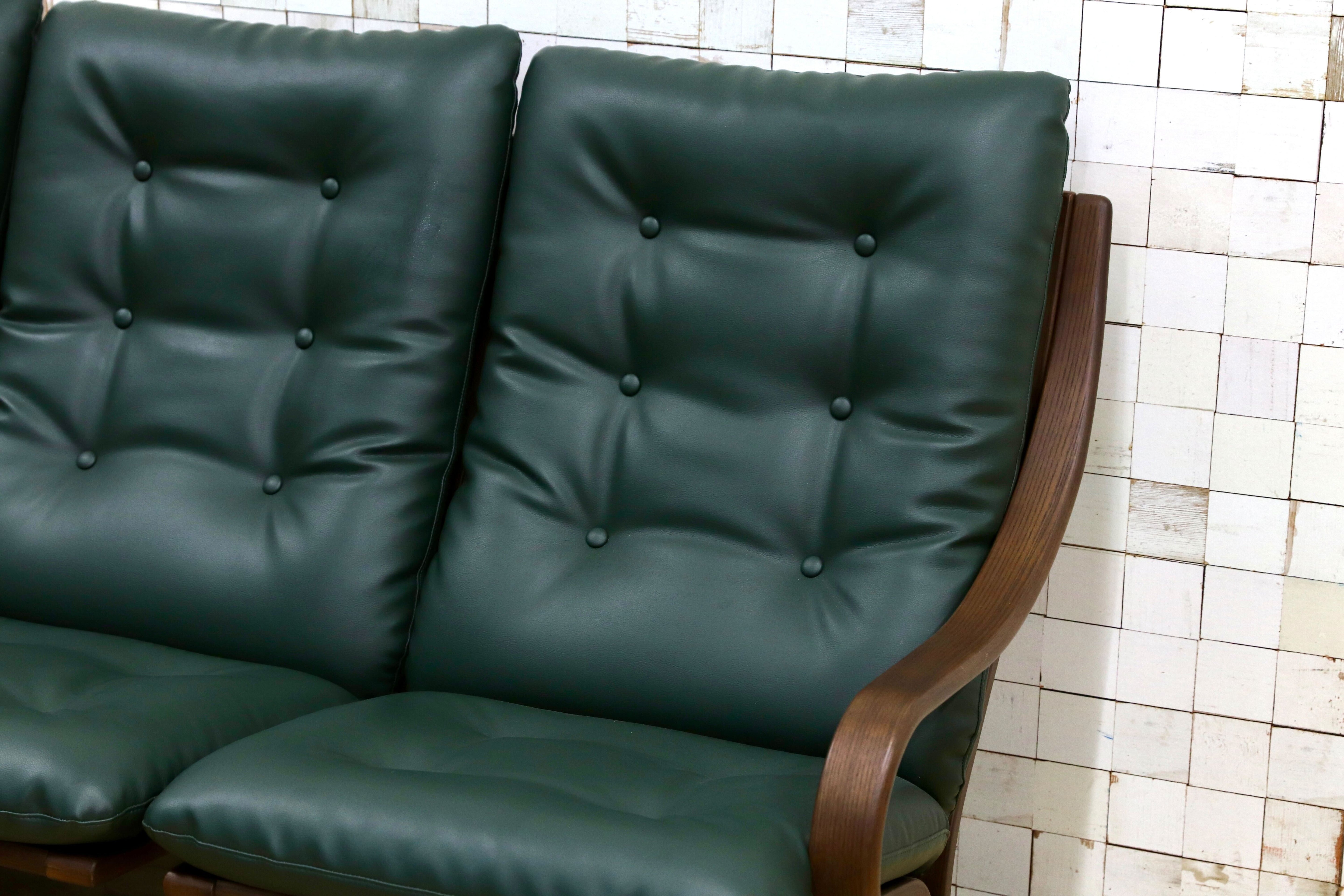 GMHK680○冨士ファニチア / FUJI FURITURE Agio アージオ 3人掛けソファ+オットマン オーク 本革 レザーグリーン 定価約51.4万