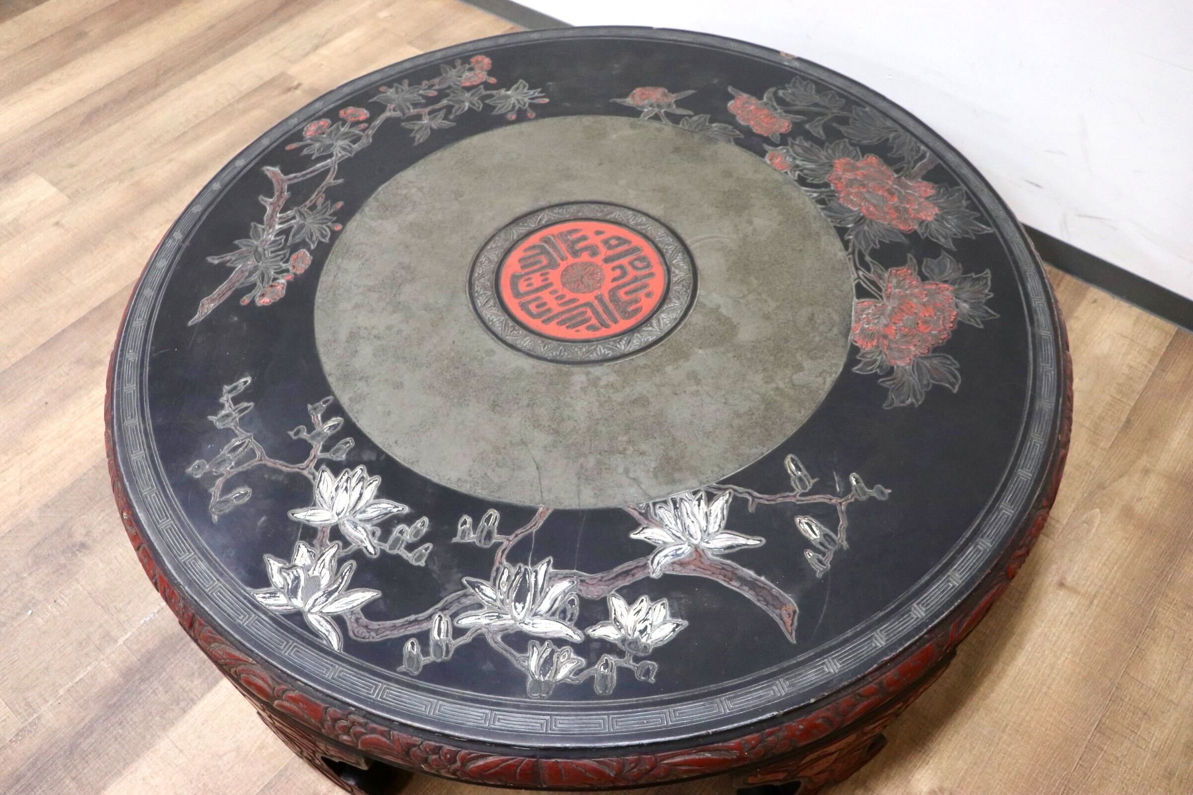 GMGH455○中華様式 座卓 ローテーブル リビングテーブル ラウンドテーブル ちゃぶ台 丸テーブル 彫刻 アンティーク 古道具 レトロ アジアン