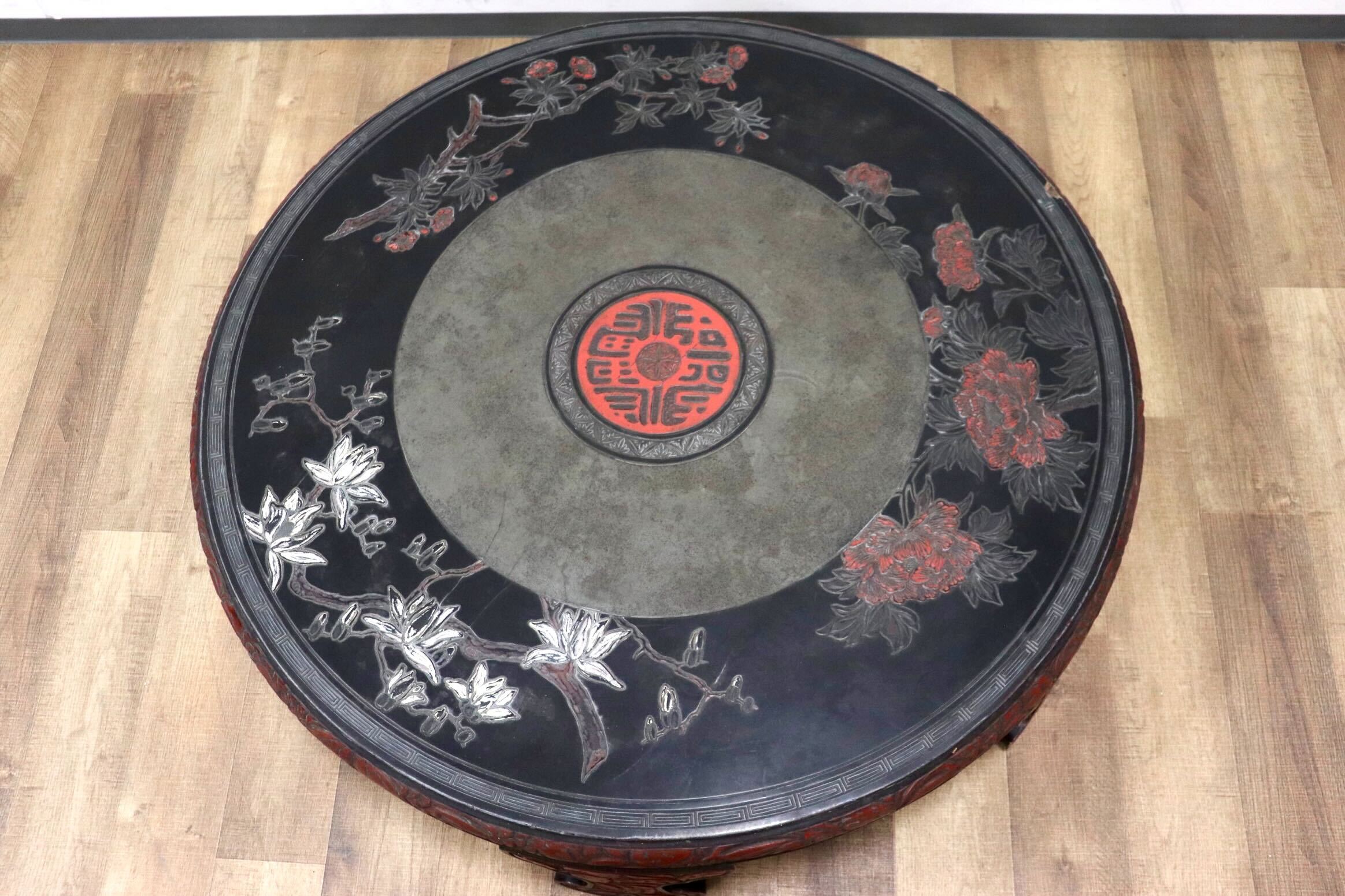 GMGH455○中華様式 座卓 ローテーブル リビングテーブル ラウンドテーブル ちゃぶ台 丸テーブル 彫刻 アンティーク 古道具 レトロ アジアン