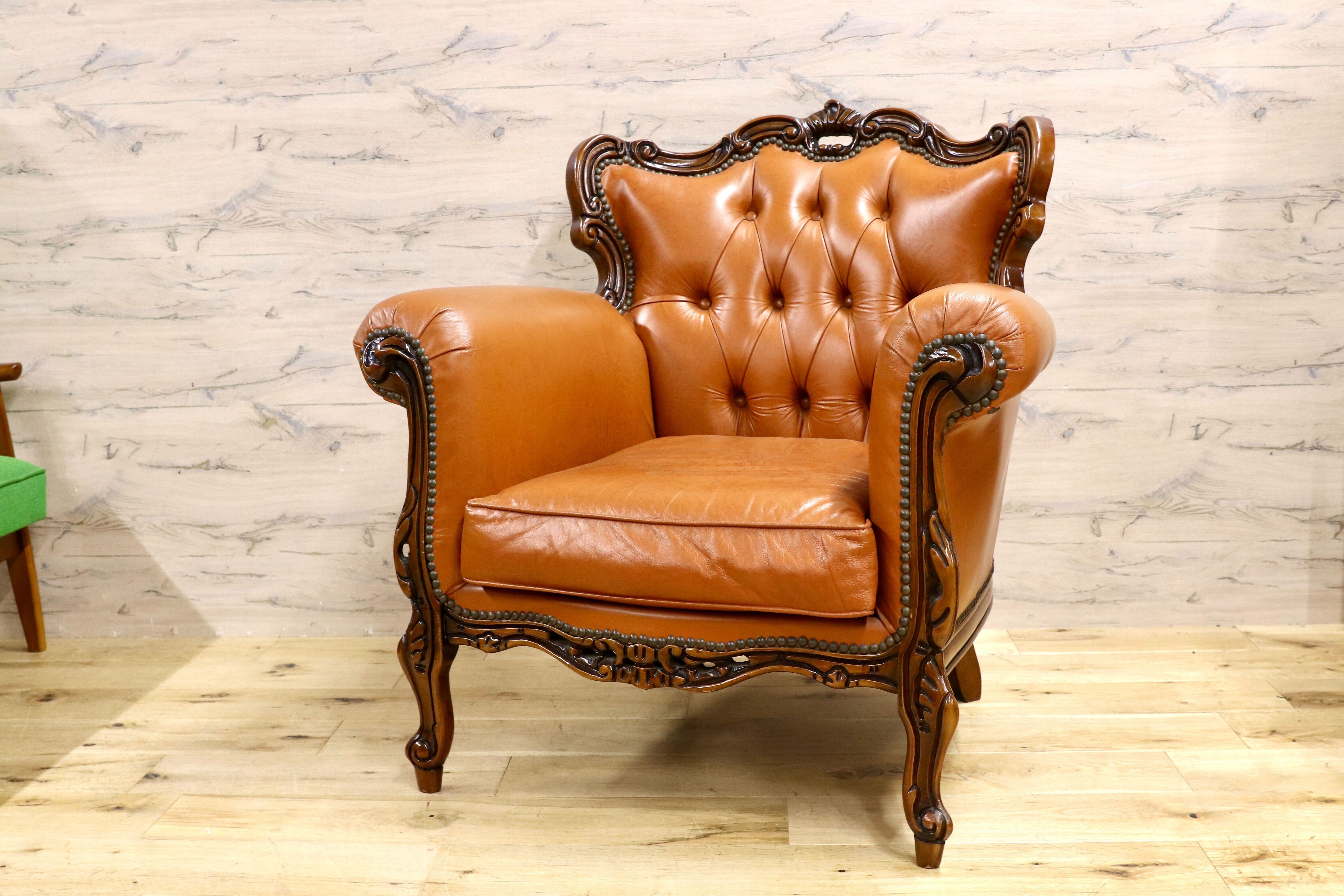 GMHH190A○イタリア製 クラシック エレガント 1人掛けソファ シングルソファ ラウンジチェア 本革 ブラウン サロン 西洋 アンティーク