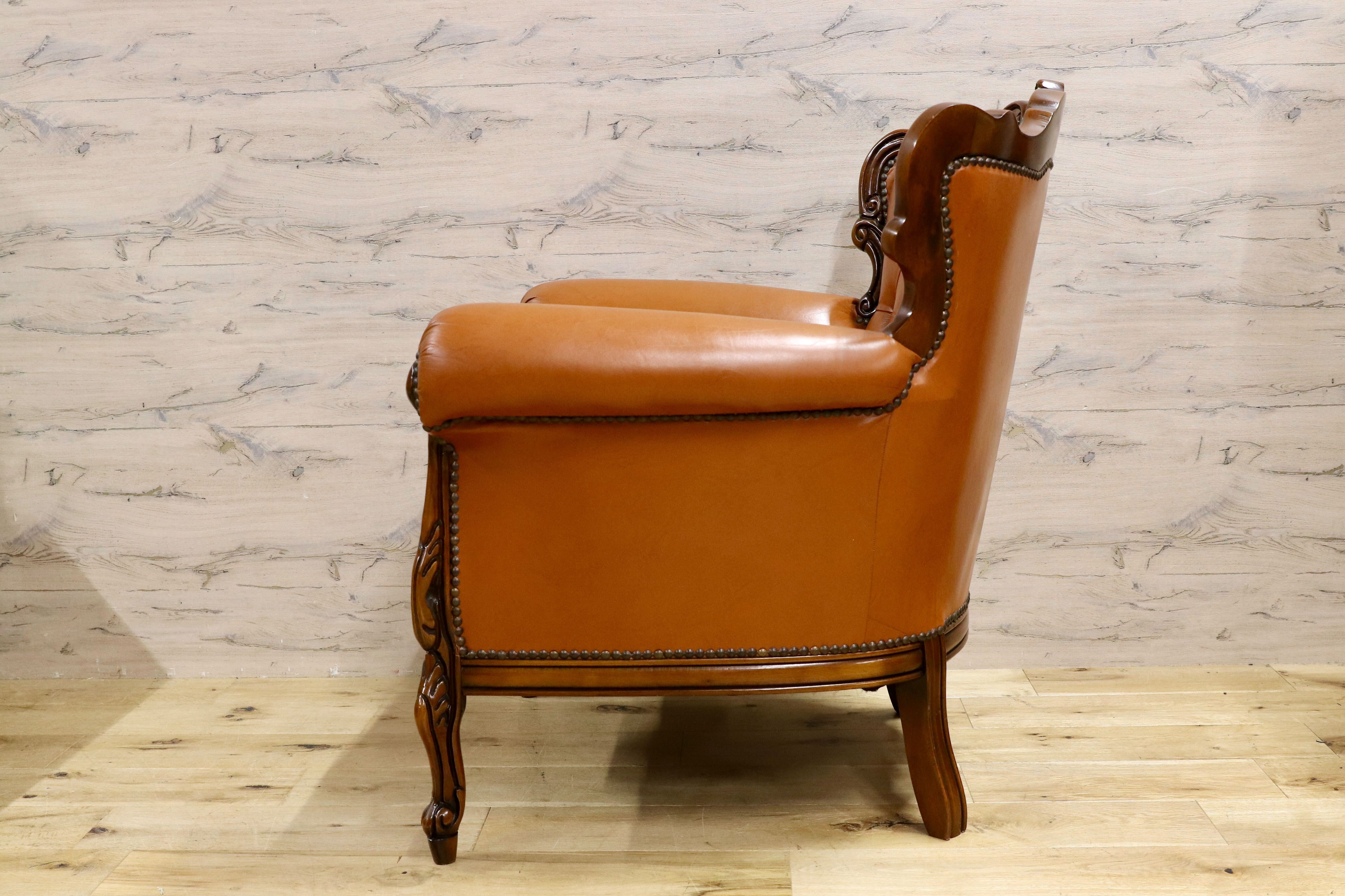 GMHH190A○イタリア製 クラシック エレガント 1人掛けソファ シングルソファ ラウンジチェア 本革 ブラウン サロン 西洋 アンティーク