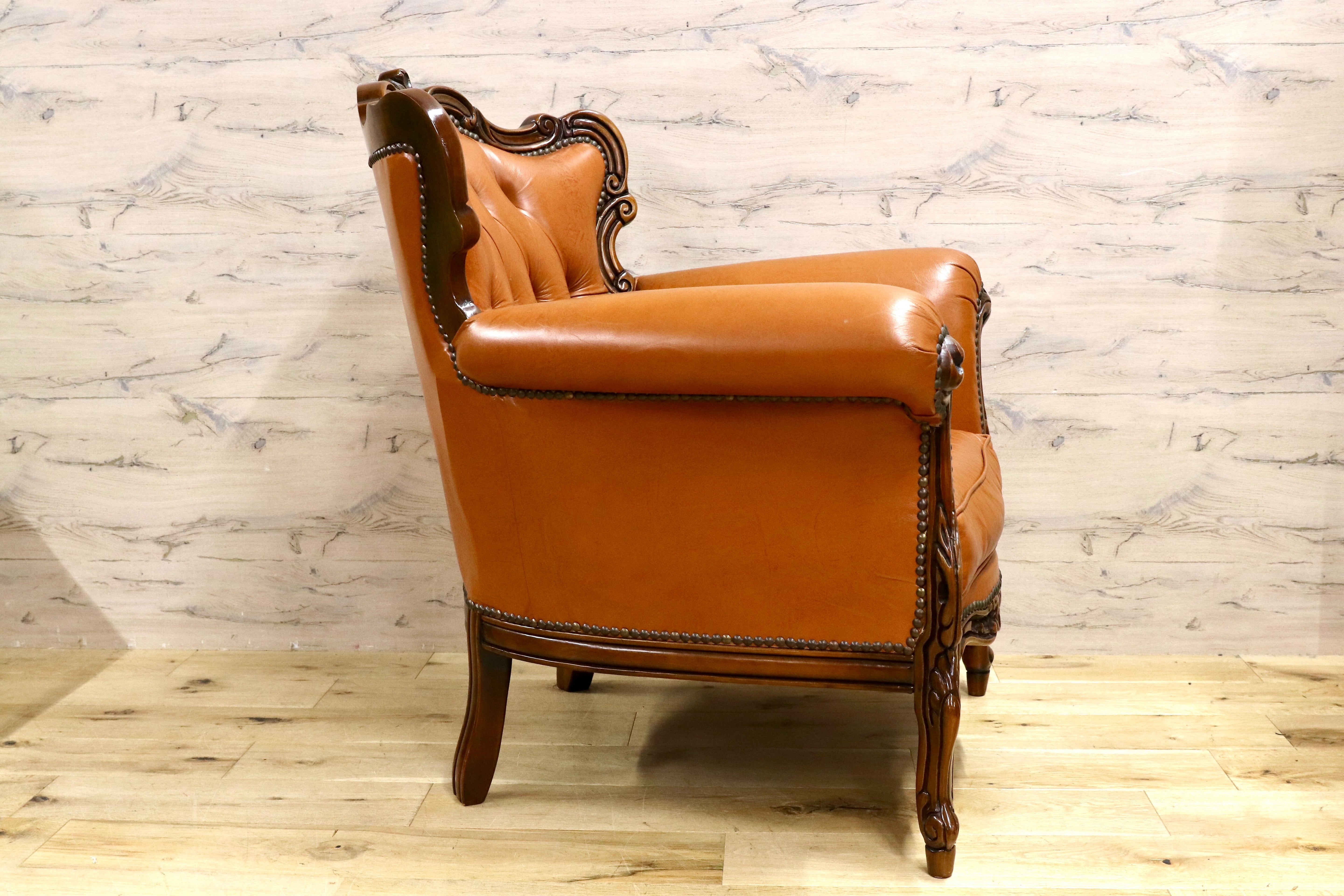 GMHH190A○イタリア製 クラシック エレガント 1人掛けソファ シングルソファ ラウンジチェア 本革 ブラウン サロン 西洋 アンティーク