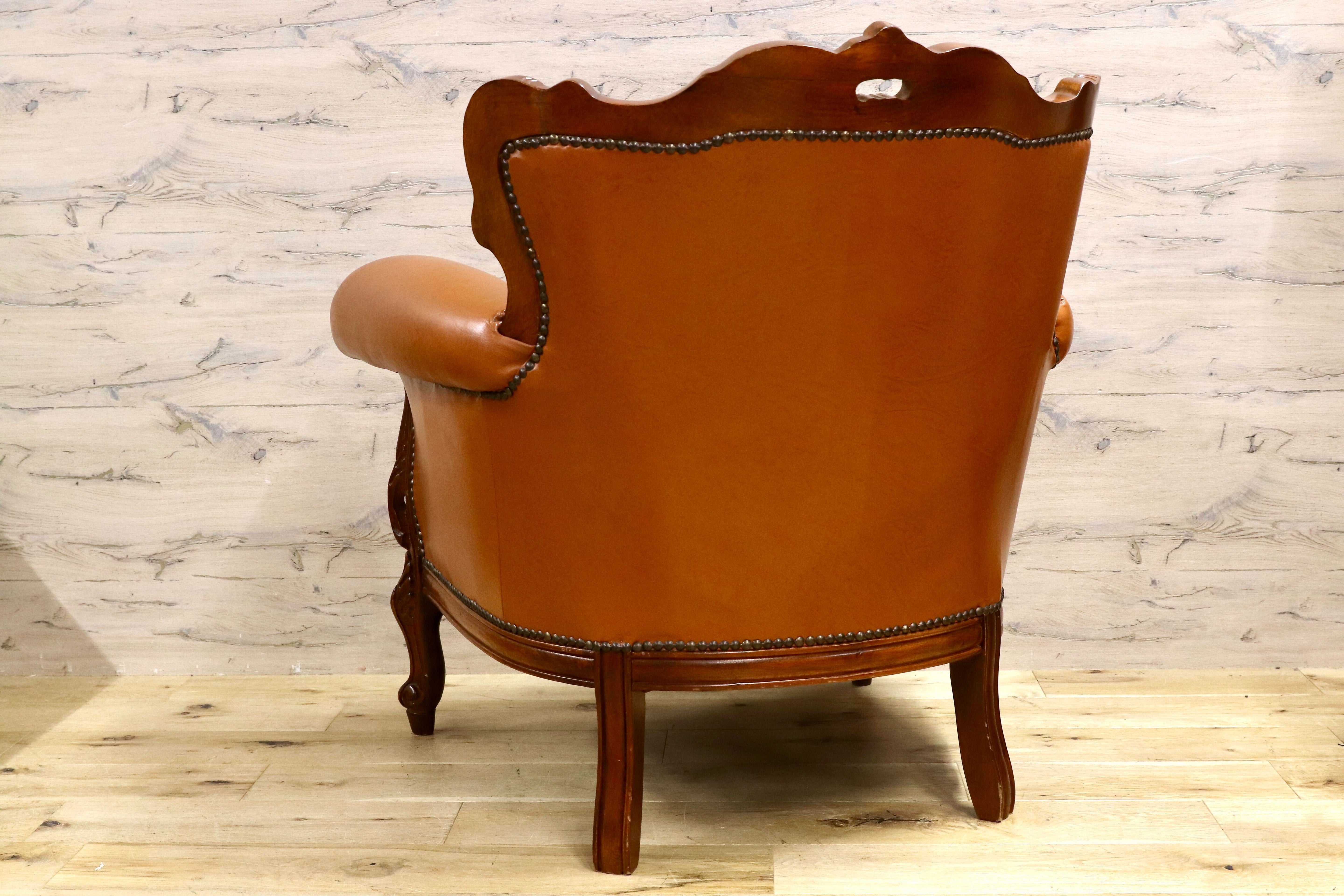 GMHH190B○イタリア製 クラシック エレガント 1人掛けソファ シングルソファ ラウンジチェア 本革 ブラウン サロン 西洋 アンティーク