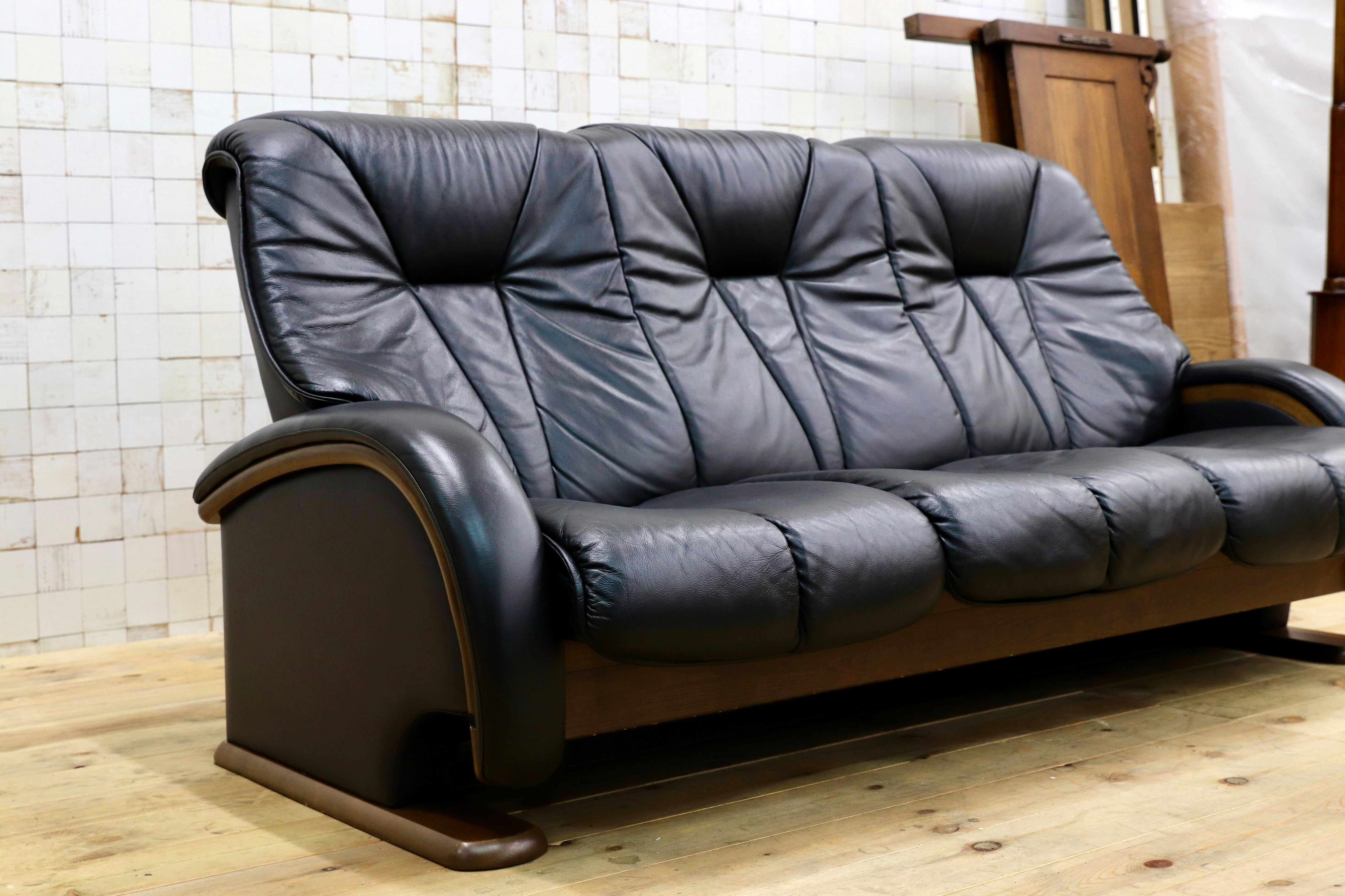 GMIK134○冨士ファニチア / FUJI FURNITURE 3人掛けソファ トリプルソファ 本革 レザー 国産家具 和モダン レトロ 長椅子