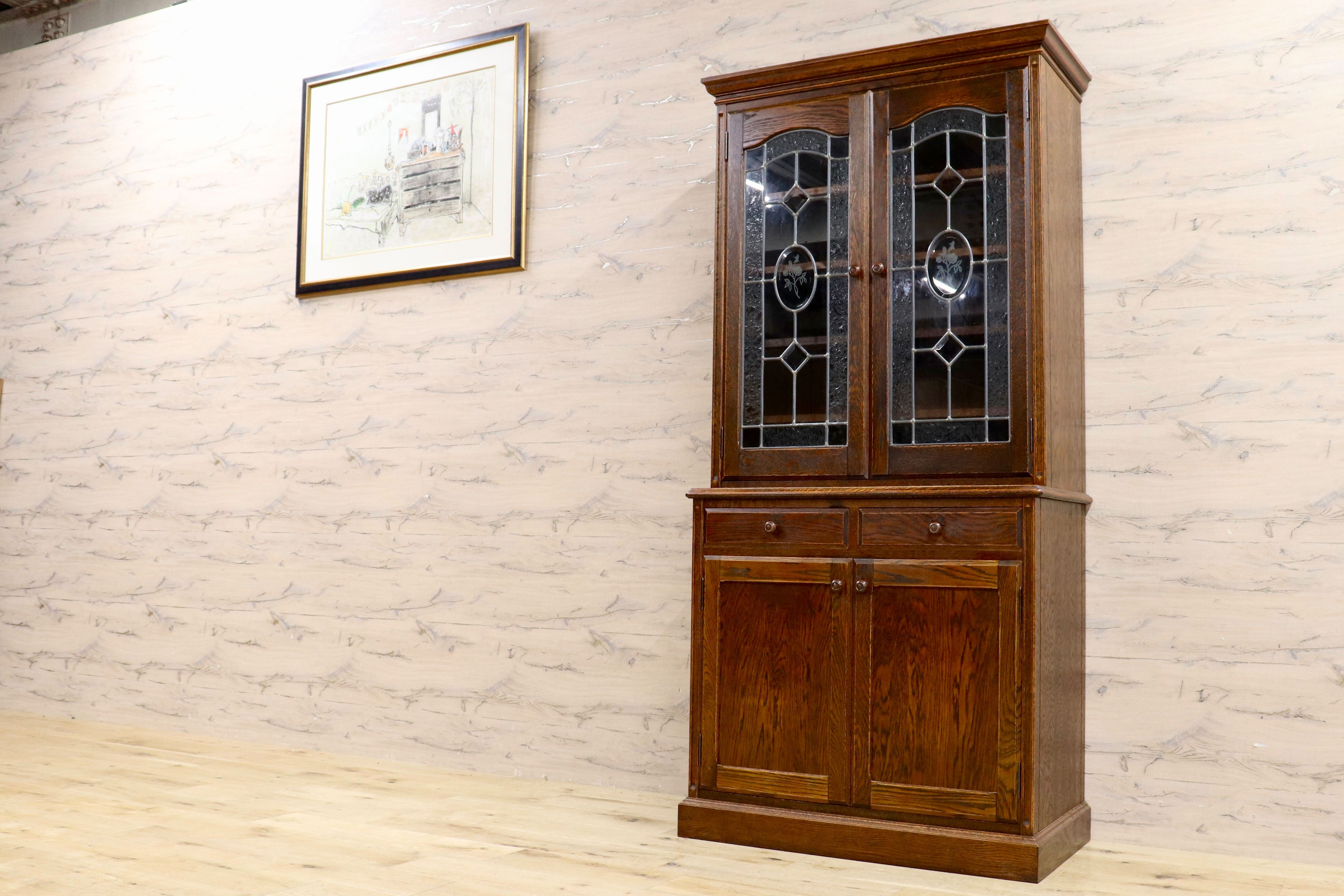 GMIK310A○三越家具 Brugge ブルージュ 食器棚 飾り棚 ステンドグラス カップボード オーク材 英国カントリー アンティーク ヴィンテージ