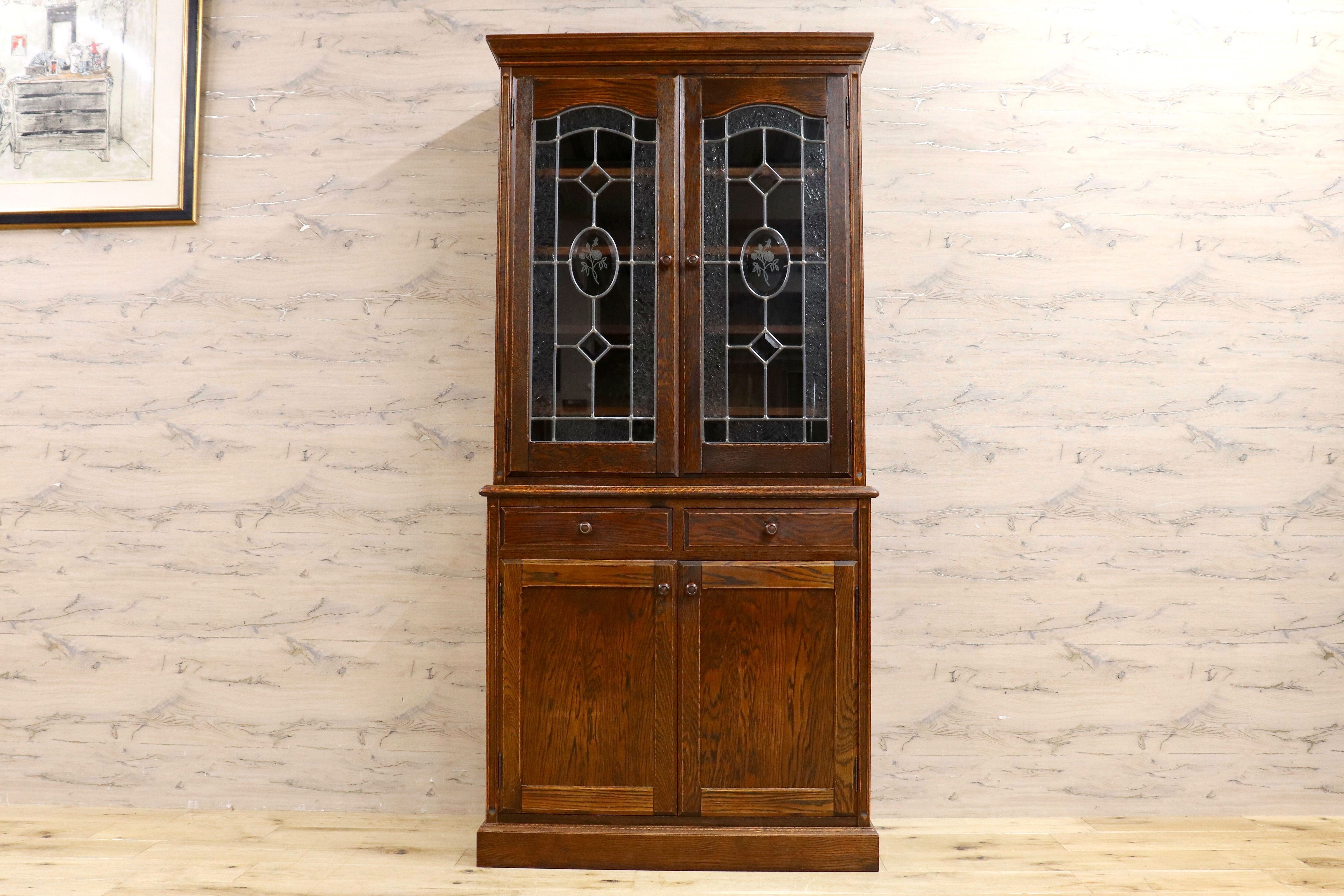 GMIK310A○三越家具 Brugge ブルージュ 食器棚 飾り棚 ステンドグラス カップボード オーク材 英国カントリー アンティーク ヴィンテージ