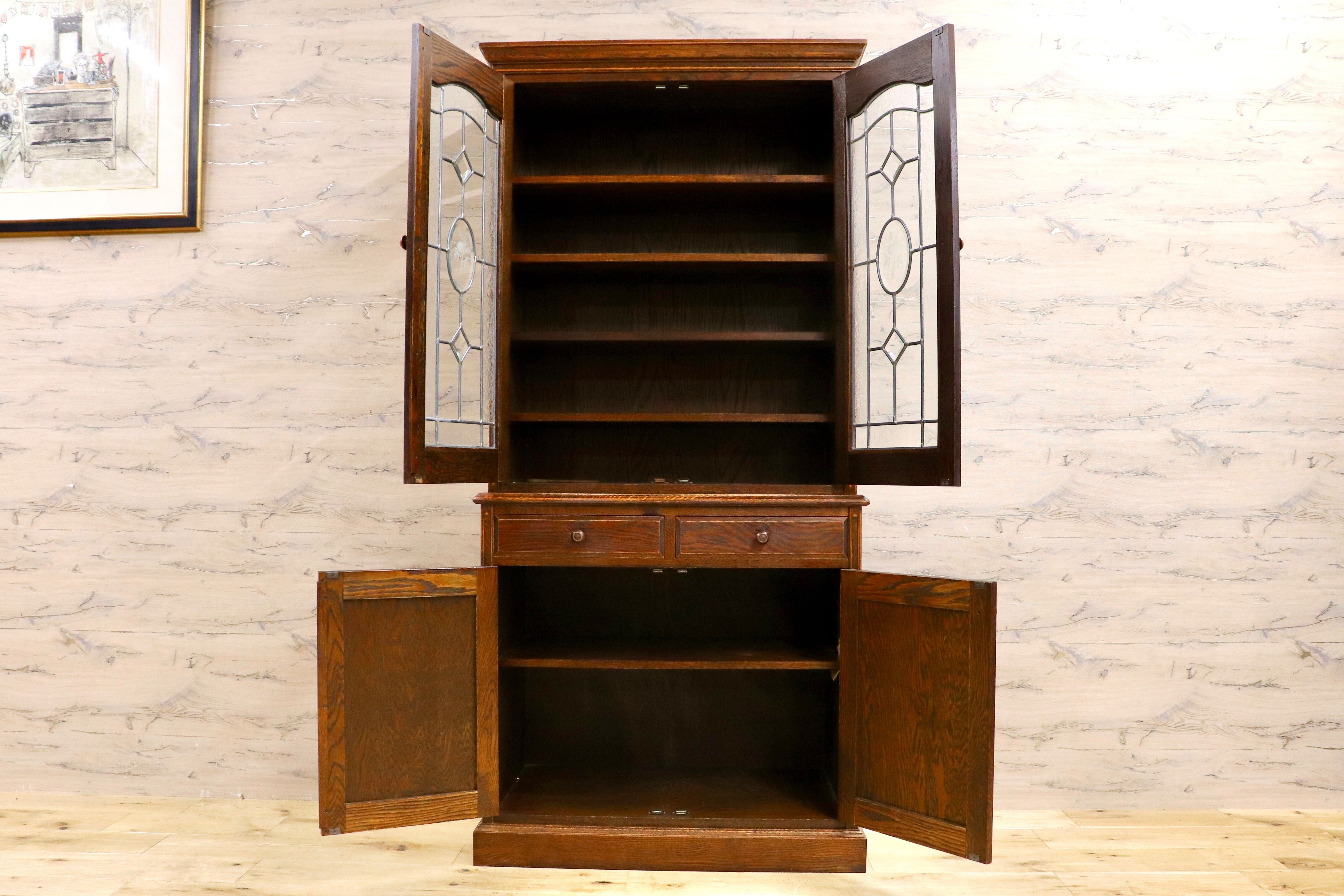 GMIK310A○三越家具 Brugge ブルージュ 食器棚 飾り棚 ステンドグラス カップボード オーク材 英国カントリー アンティーク ヴィンテージ