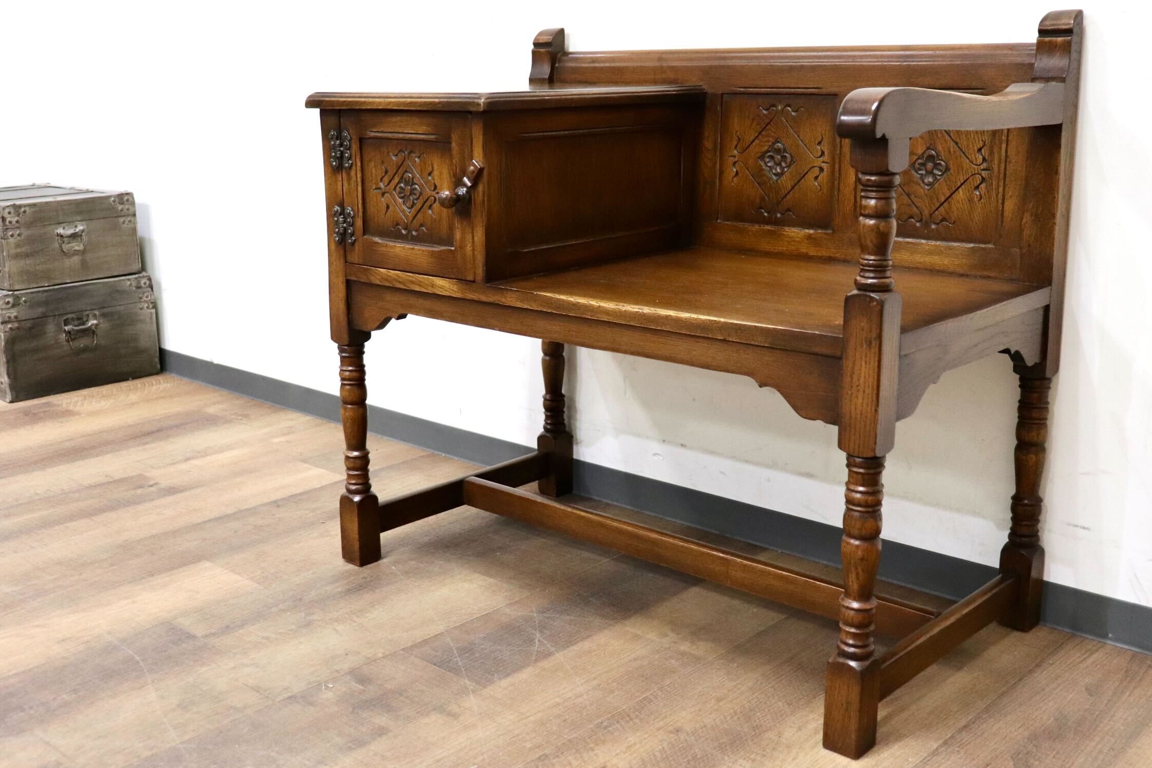 GMIS12○西洋 アンティーク イギリス テレフォンベンチ チェア 椅子 彫刻 レトロ ヨーロピアン クラシック ヴィンテージ オーク材