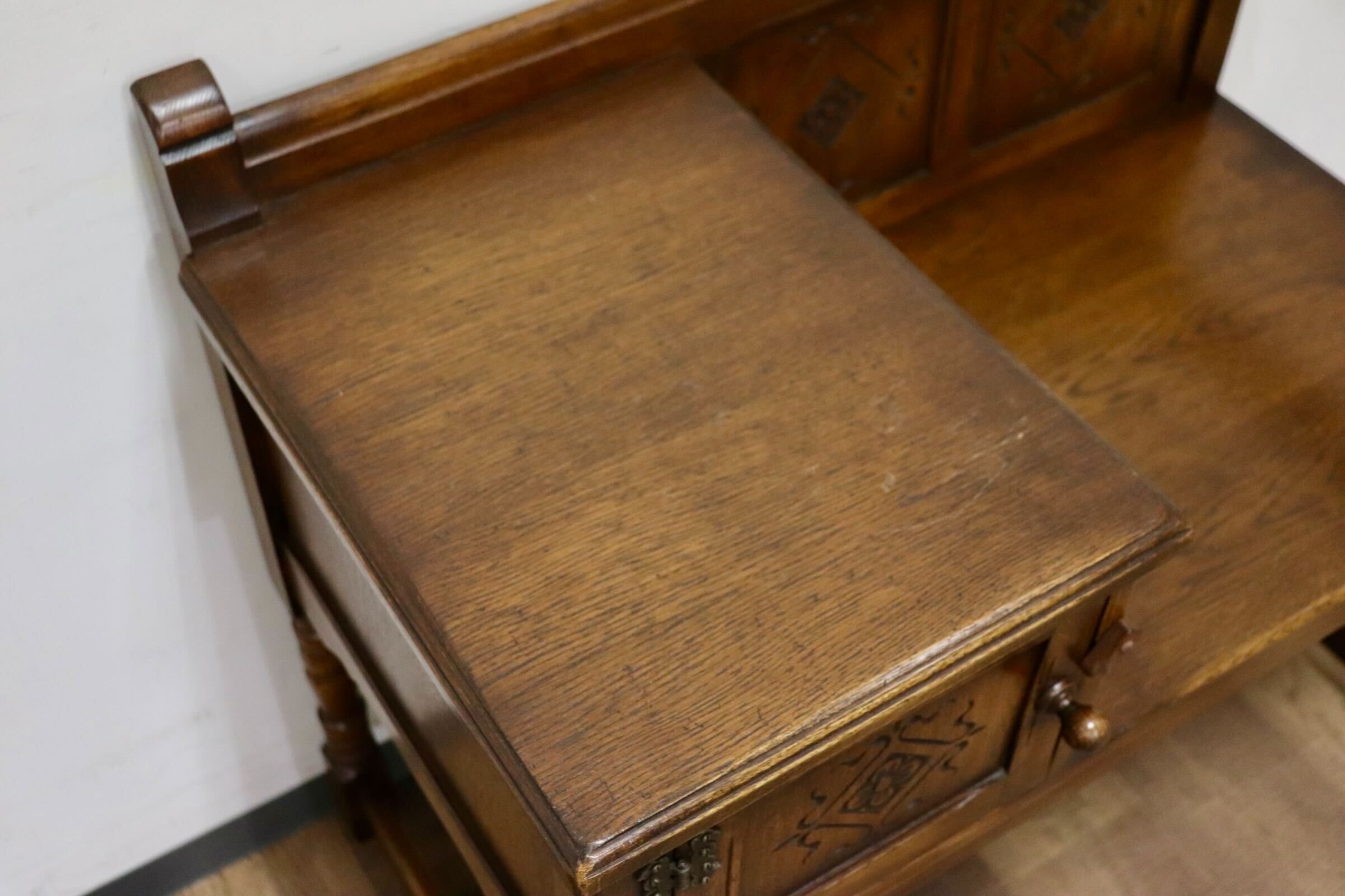 GMIS12○西洋 アンティーク イギリス テレフォンベンチ チェア 椅子 彫刻 レトロ ヨーロピアン クラシック ヴィンテージ オーク材