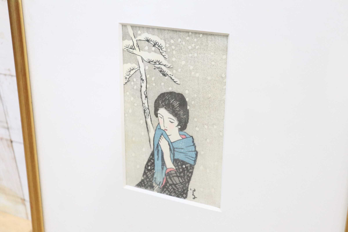 GMJS338A◯竹久夢二 木版画 雪の日 加藤版画研究所 加藤版 額装 大正ロマン 真作 美人画 美術品