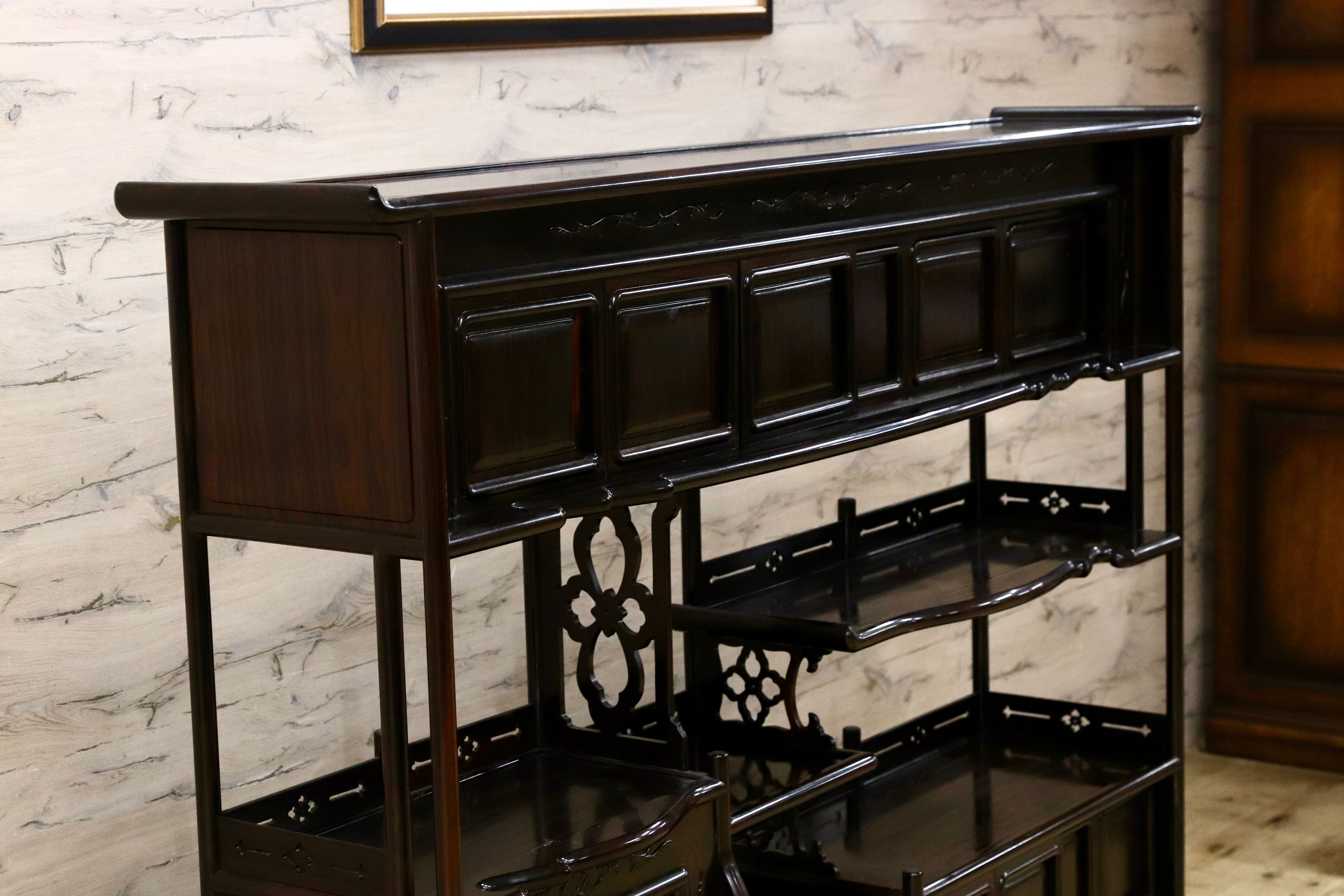 GMIK865○黒檀 最高級 茶棚 サイドボード リビングボード キャビネット 和室 和家具 座敷 和モダン レトロ アンティーク 約130万