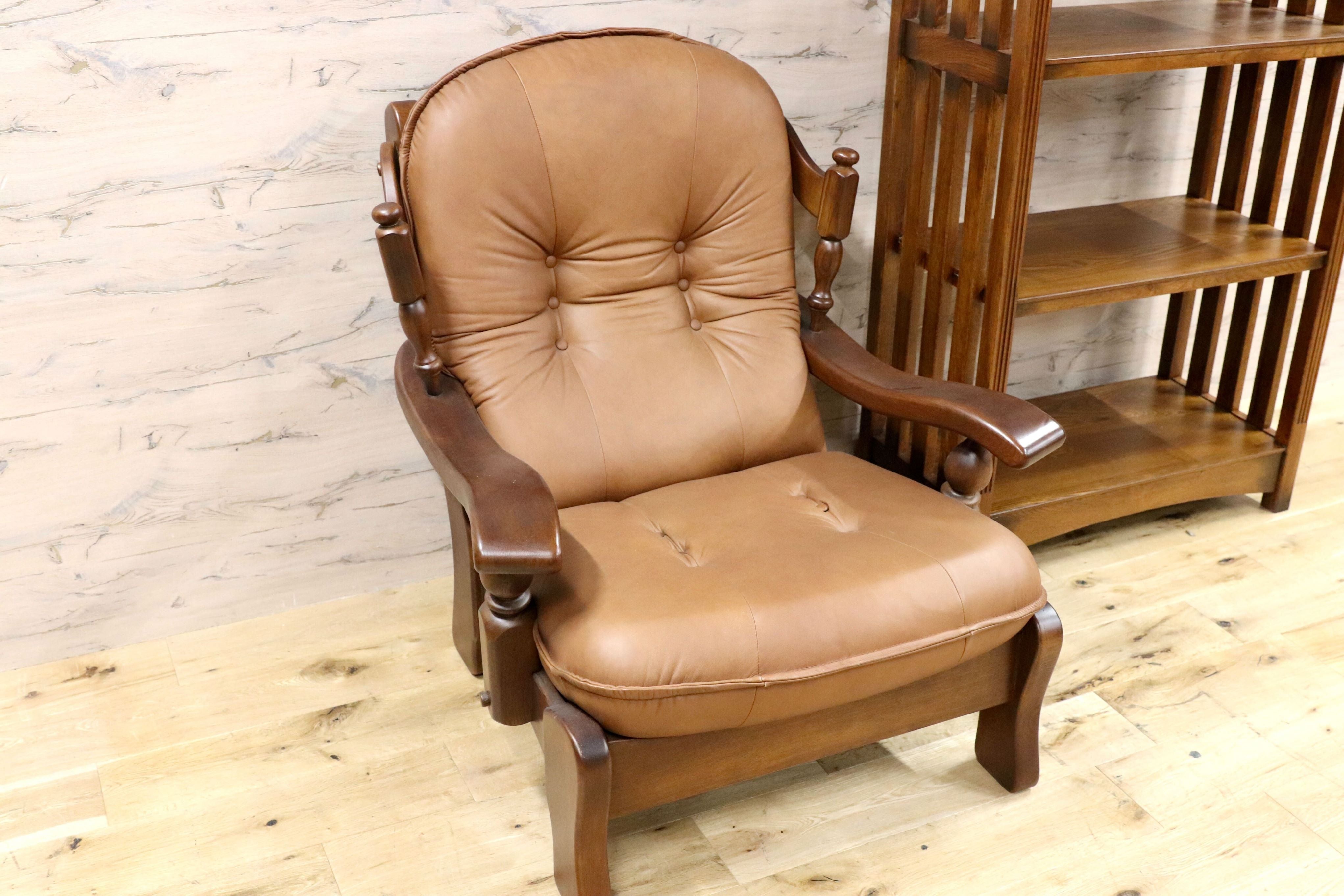 GMFN177○オランダ製 ダッチカントリー シングルソファ 1人掛けソファ 本革 レザー オーク無垢材 ラウンジチェア リビング 応接