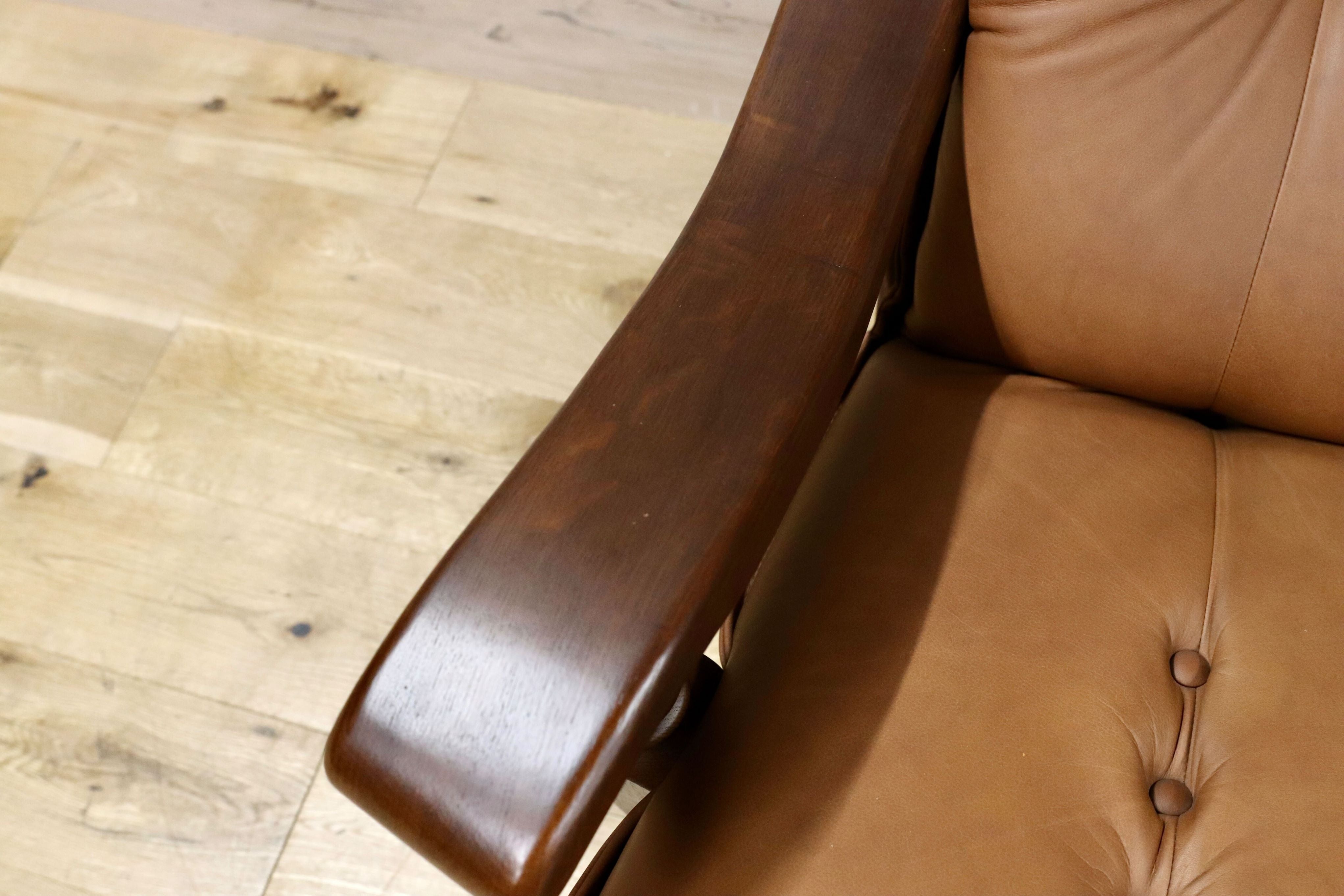 GMFN177○オランダ製 ダッチカントリー シングルソファ 1人掛けソファ 本革 レザー オーク無垢材 ラウンジチェア リビング 応接