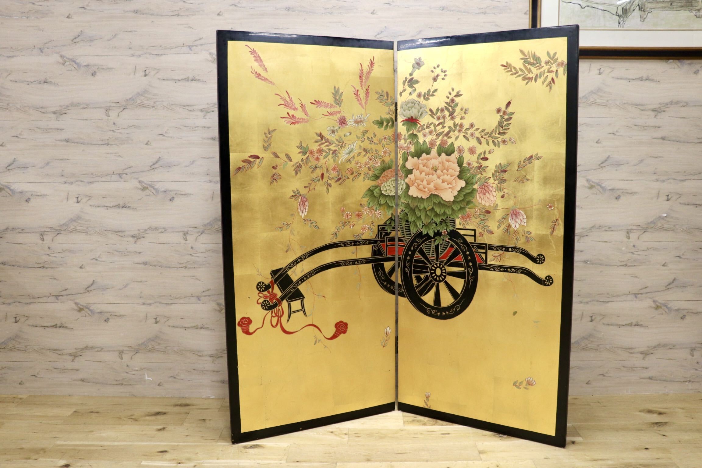 GMIK223○衝立 二曲屏風 金屏風 花車図屏風 四季草花屏風 パーテーション 間仕切り 和室 古民家 和モダン アンティーク