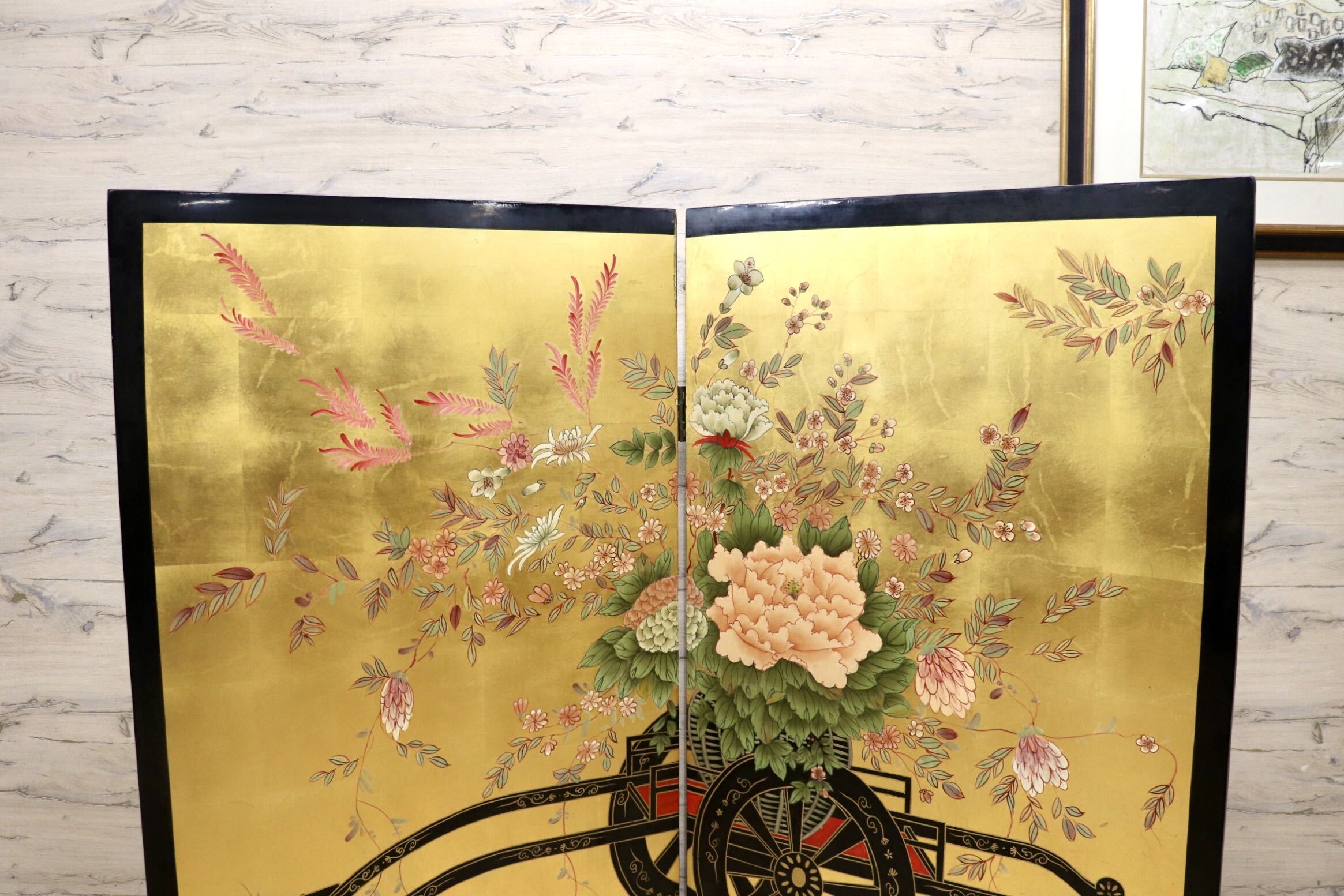GMIK223○衝立 二曲屏風 金屏風 花車図屏風 四季草花屏風 パーテーション 間仕切り 和室 古民家 和モダン アンティーク