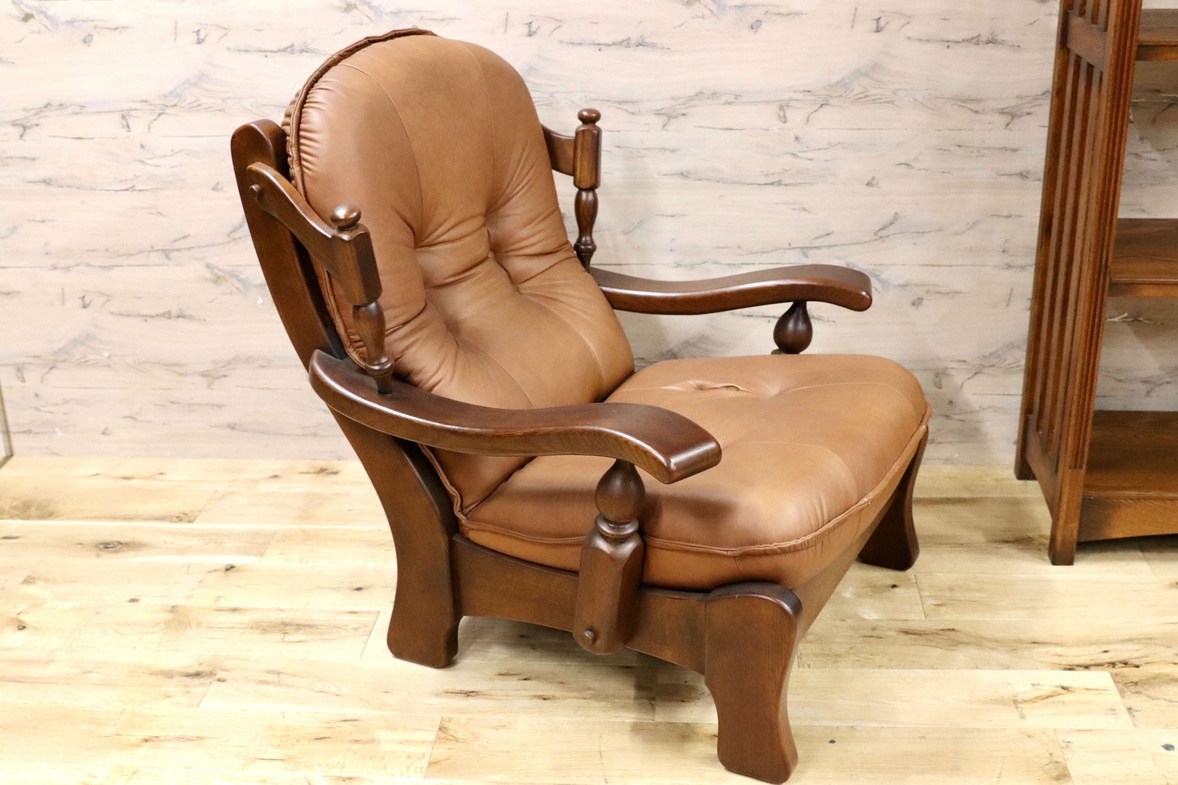 GMFN177○オランダ製 ダッチカントリー シングルソファ 1人掛けソファ 本革 レザー オーク無垢材 ラウンジチェア リビング 応接