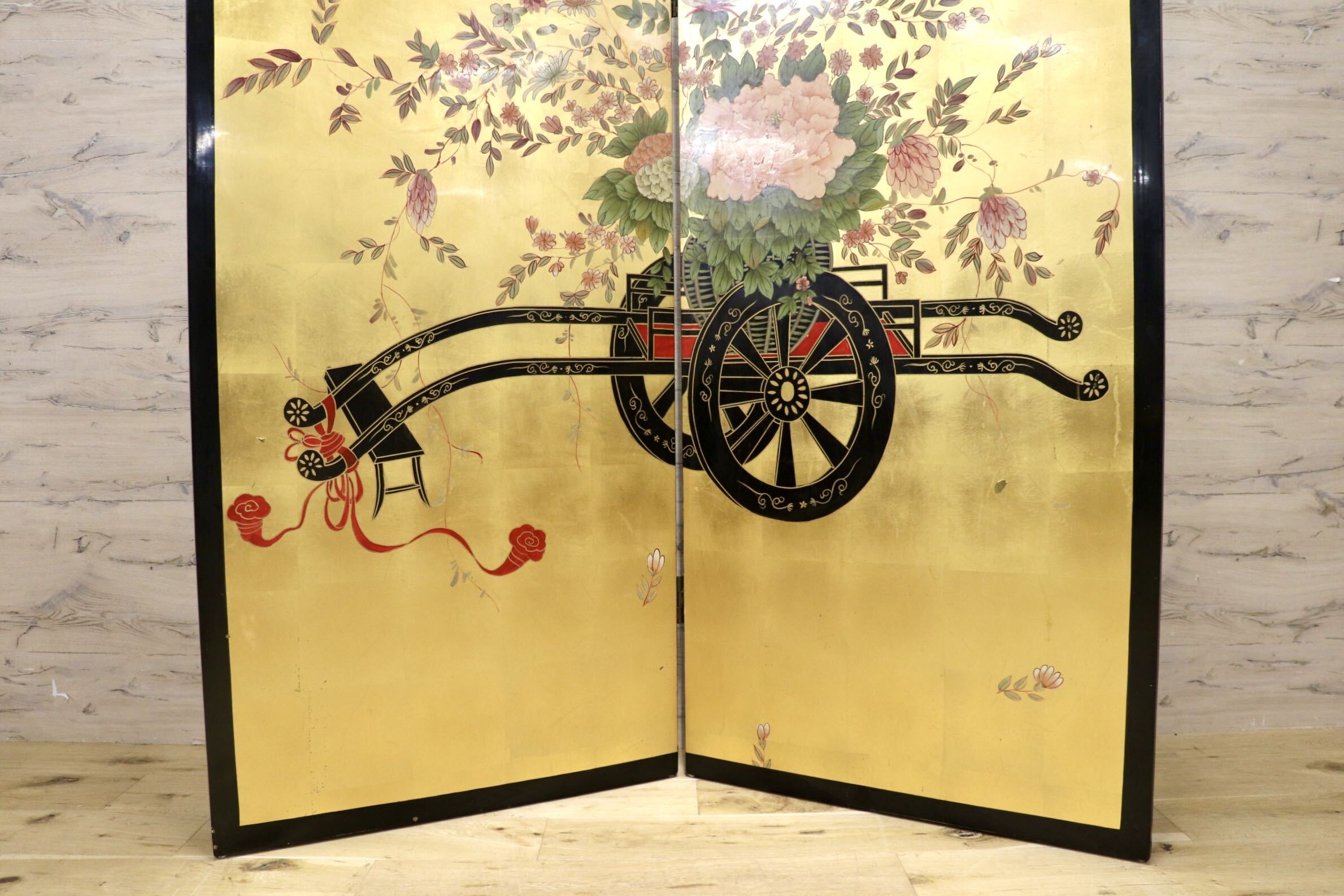 GMIK223○衝立 二曲屏風 金屏風 花車図屏風 四季草花屏風 パーテーション 間仕切り 和室 古民家 和モダン アンティーク