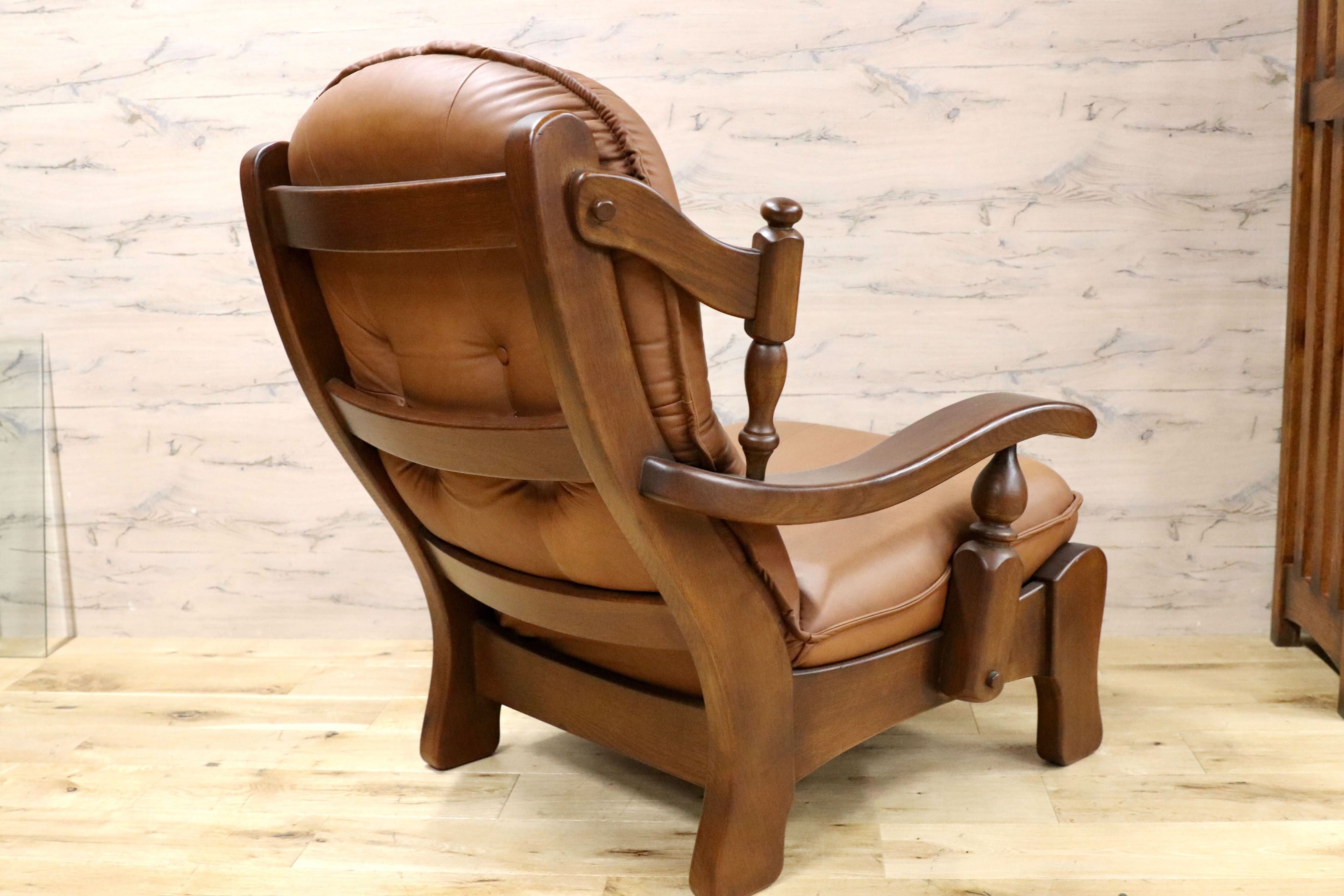 GMFN177○オランダ製 ダッチカントリー シングルソファ 1人掛けソファ 本革 レザー オーク無垢材 ラウンジチェア リビング 応接