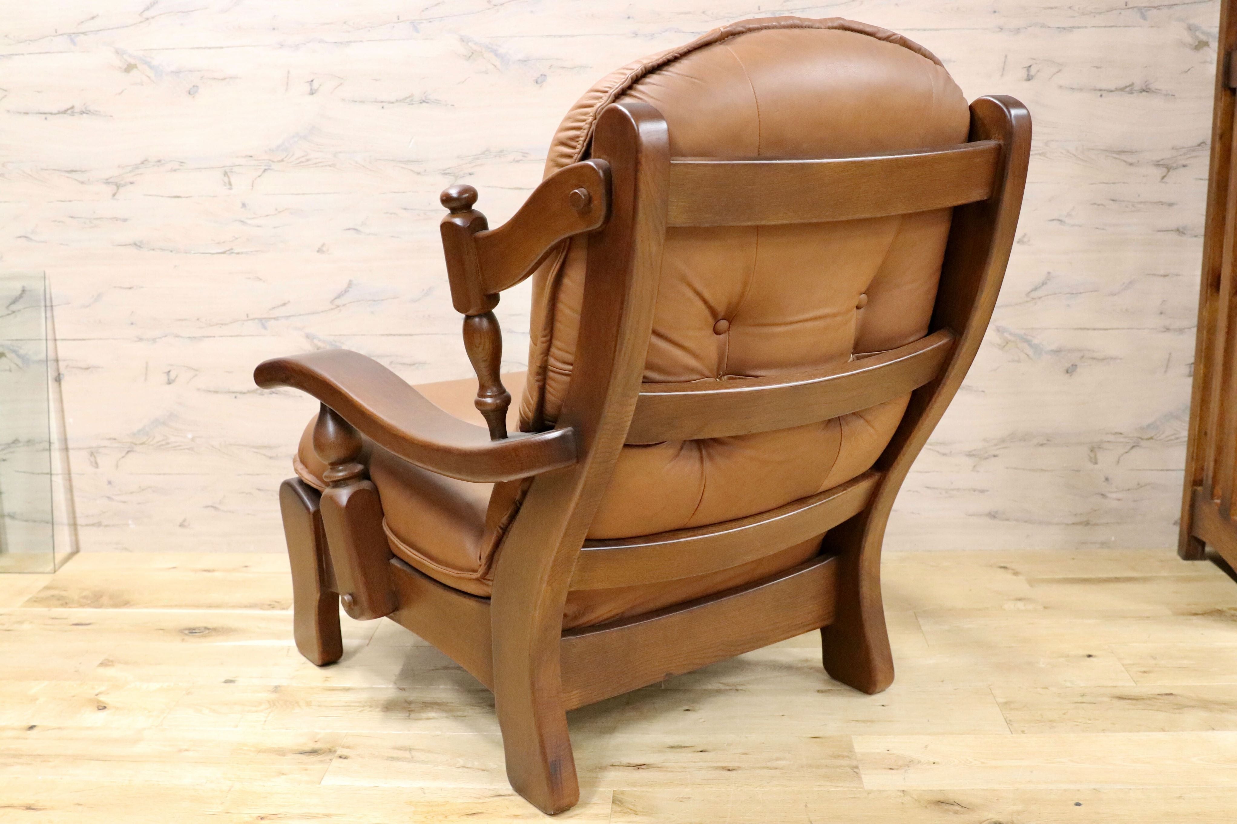 GMFN177○オランダ製 ダッチカントリー シングルソファ 1人掛けソファ 本革 レザー オーク無垢材 ラウンジチェア リビング 応接