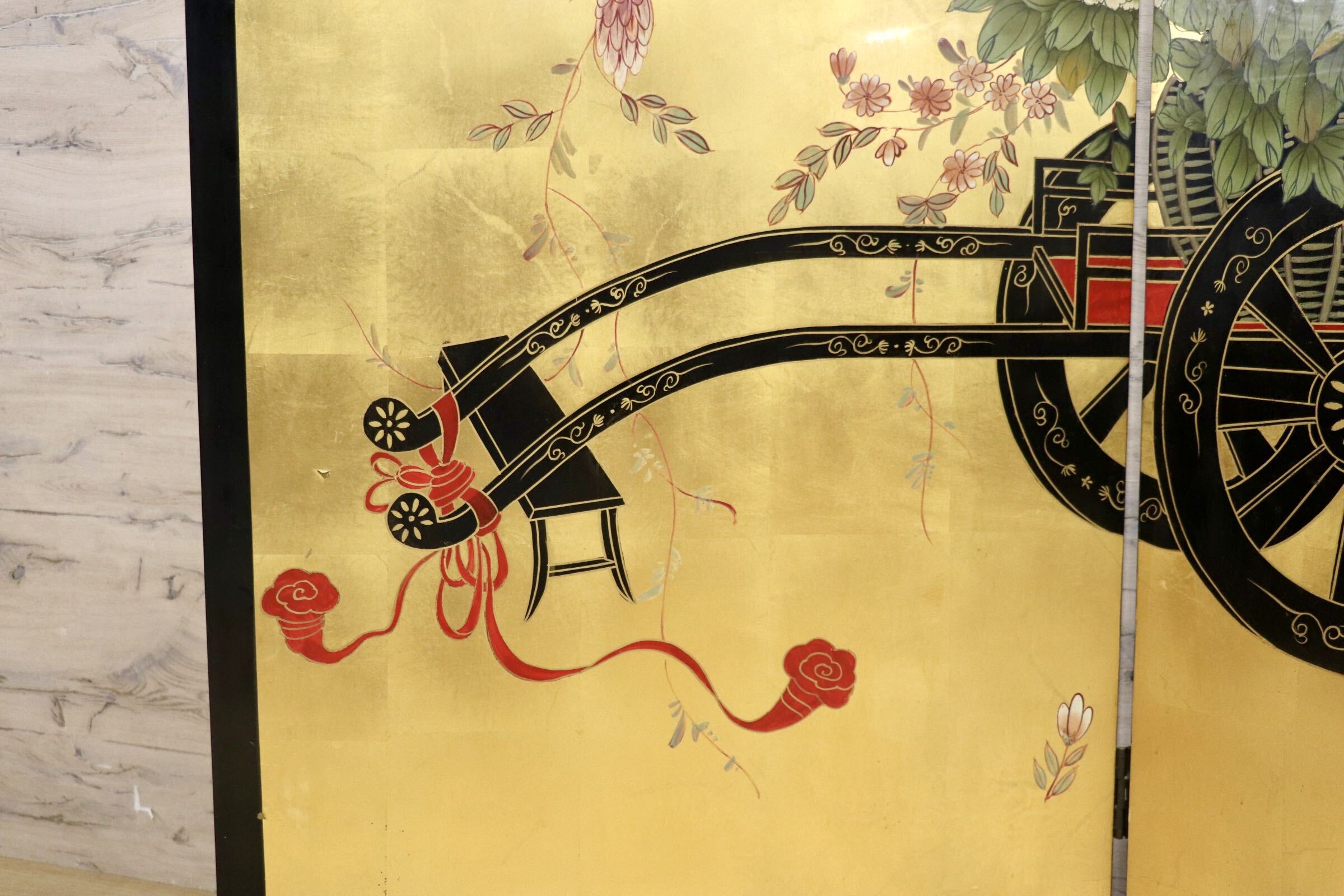 GMIK223○衝立 二曲屏風 金屏風 花車図屏風 四季草花屏風 パーテーション 間仕切り 和室 古民家 和モダン アンティーク