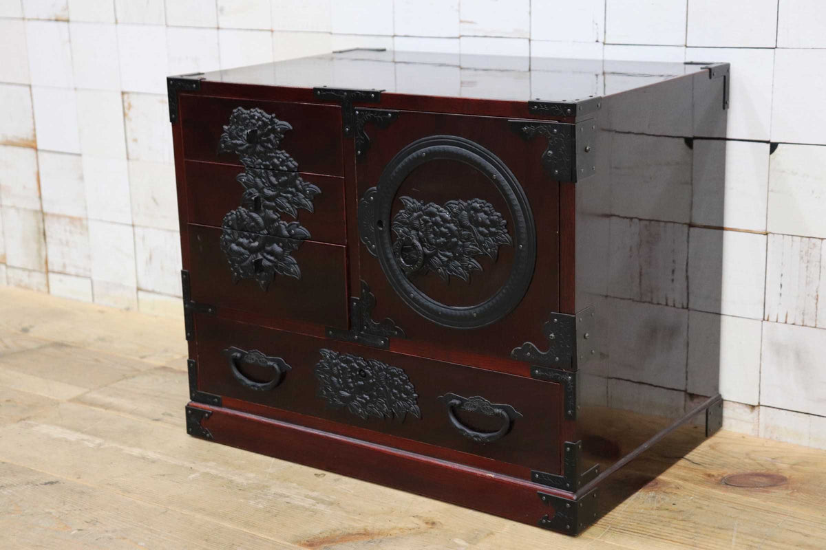 GMJS361G◯仙台箪笥 民芸家具 和箪笥 小箪笥 引出し チェスト 欅 桐材 木地呂塗 牡丹彫金金具 伝統工芸 和モダン 昭和レトロ ヴィンテージ