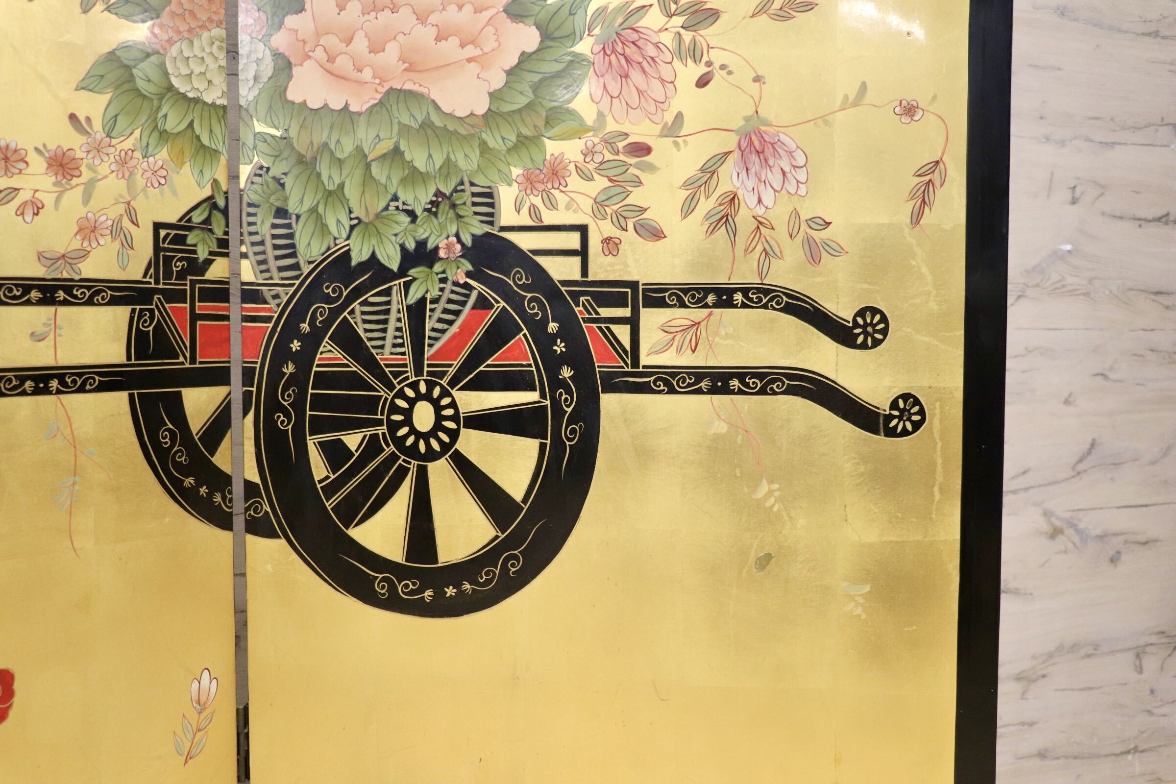 GMIK223○衝立 二曲屏風 金屏風 花車図屏風 四季草花屏風 パーテーション 間仕切り 和室 古民家 和モダン アンティーク