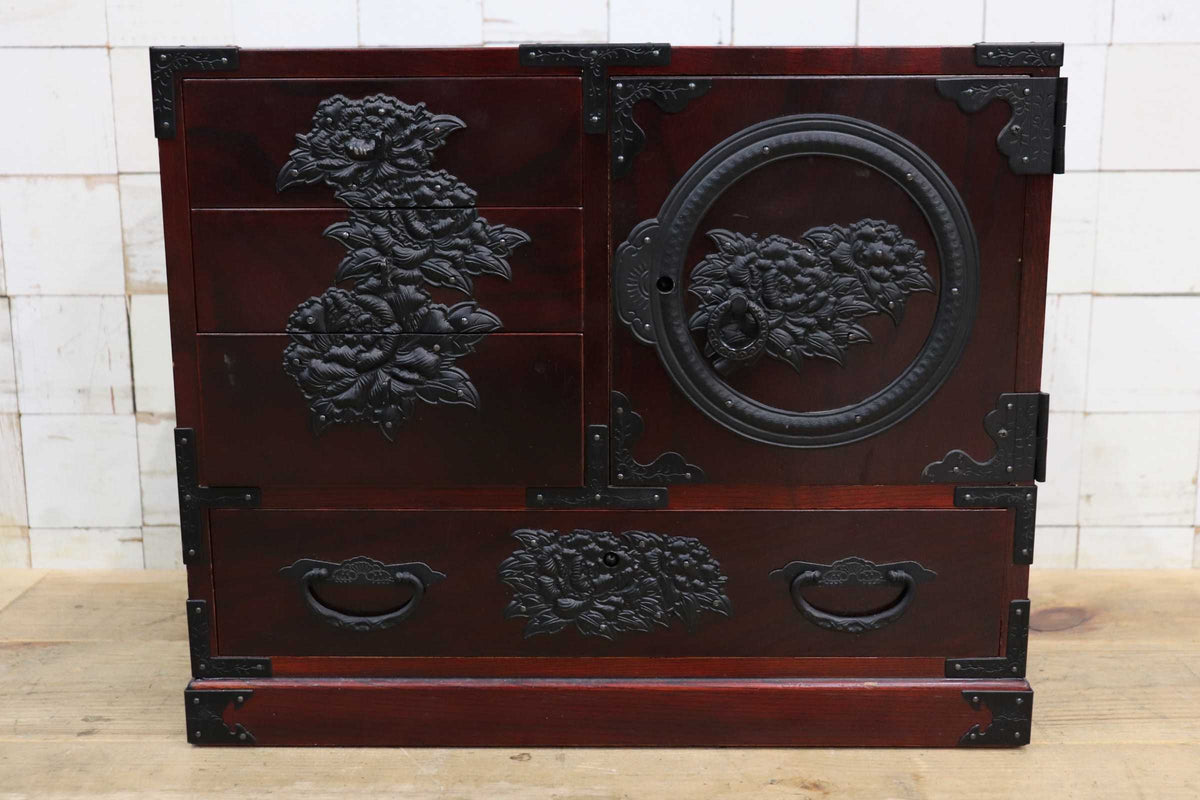 GMJS361G◯仙台箪笥 民芸家具 和箪笥 小箪笥 引出し チェスト 欅 桐材 木地呂塗 牡丹彫金金具 伝統工芸 和モダン 昭和レトロ ヴィンテージ