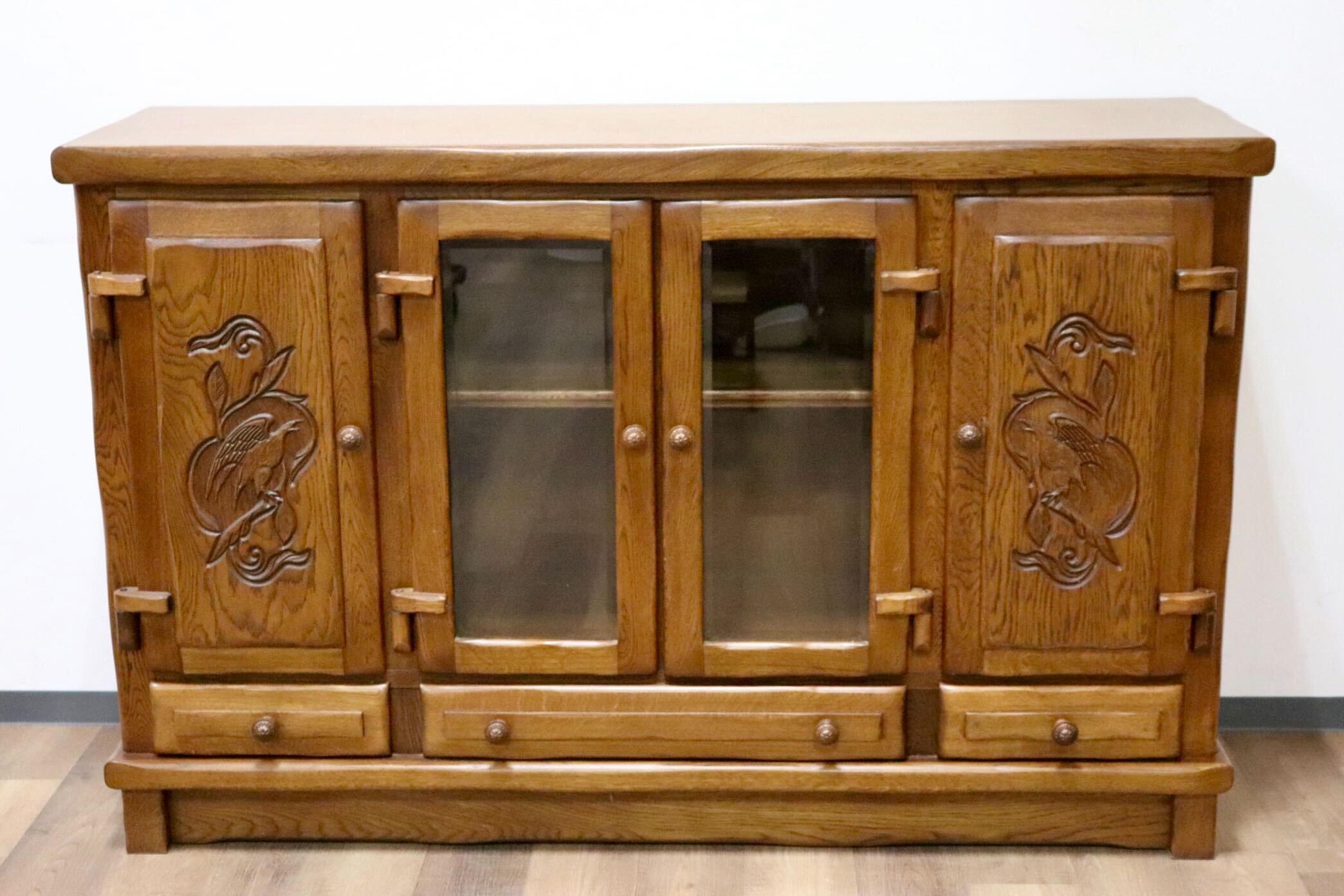 GMGT144○和製ヴィンテージ サイドボード リビングボード 飾り棚 彫刻 無垢 オーク材 クラシック レトロ 和モダン 古民家 カントリー