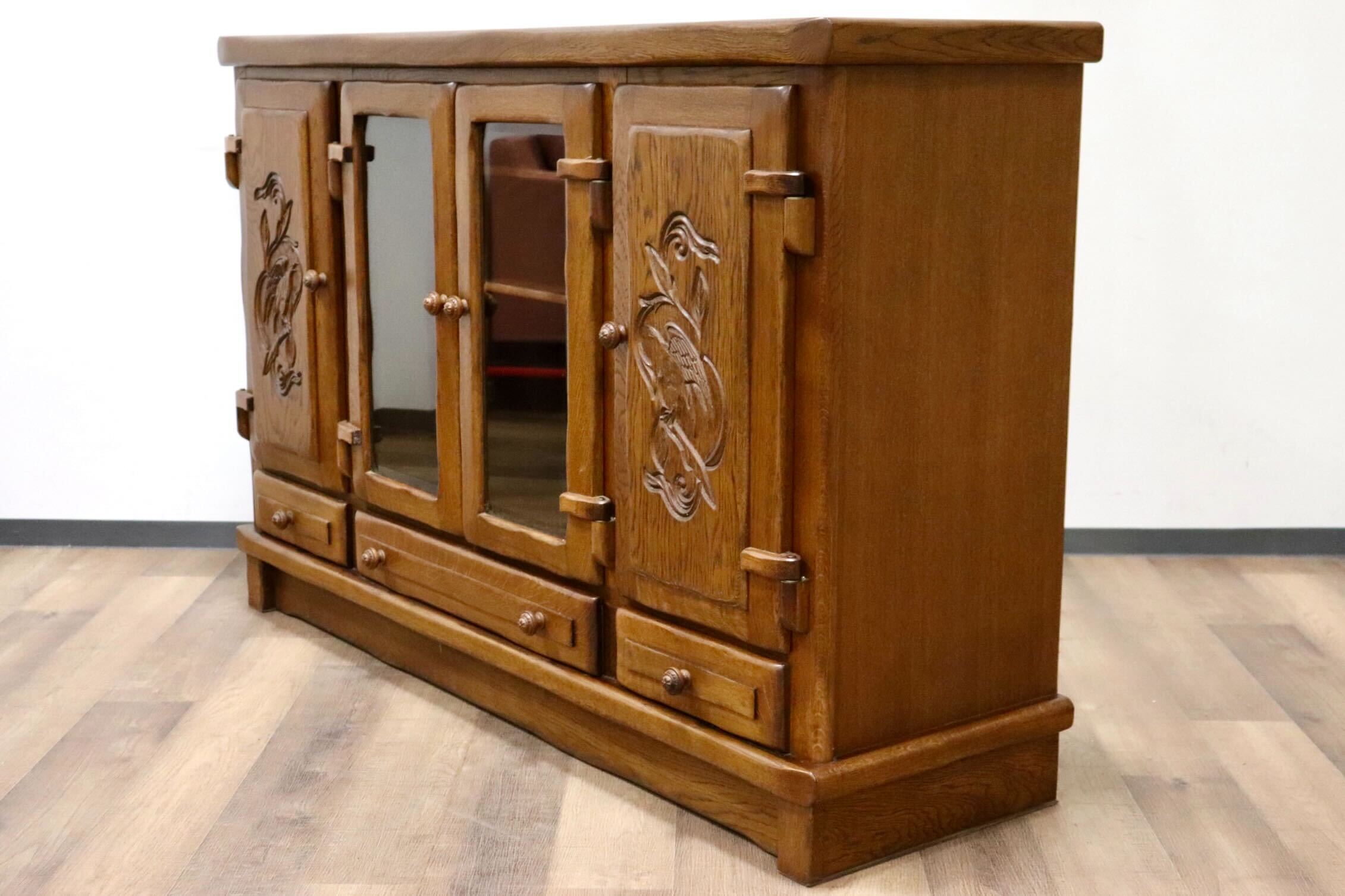 GMGT144○和製ヴィンテージ サイドボード リビングボード 飾り棚 彫刻 無垢 オーク材 クラシック レトロ 和モダン 古民家 カントリー