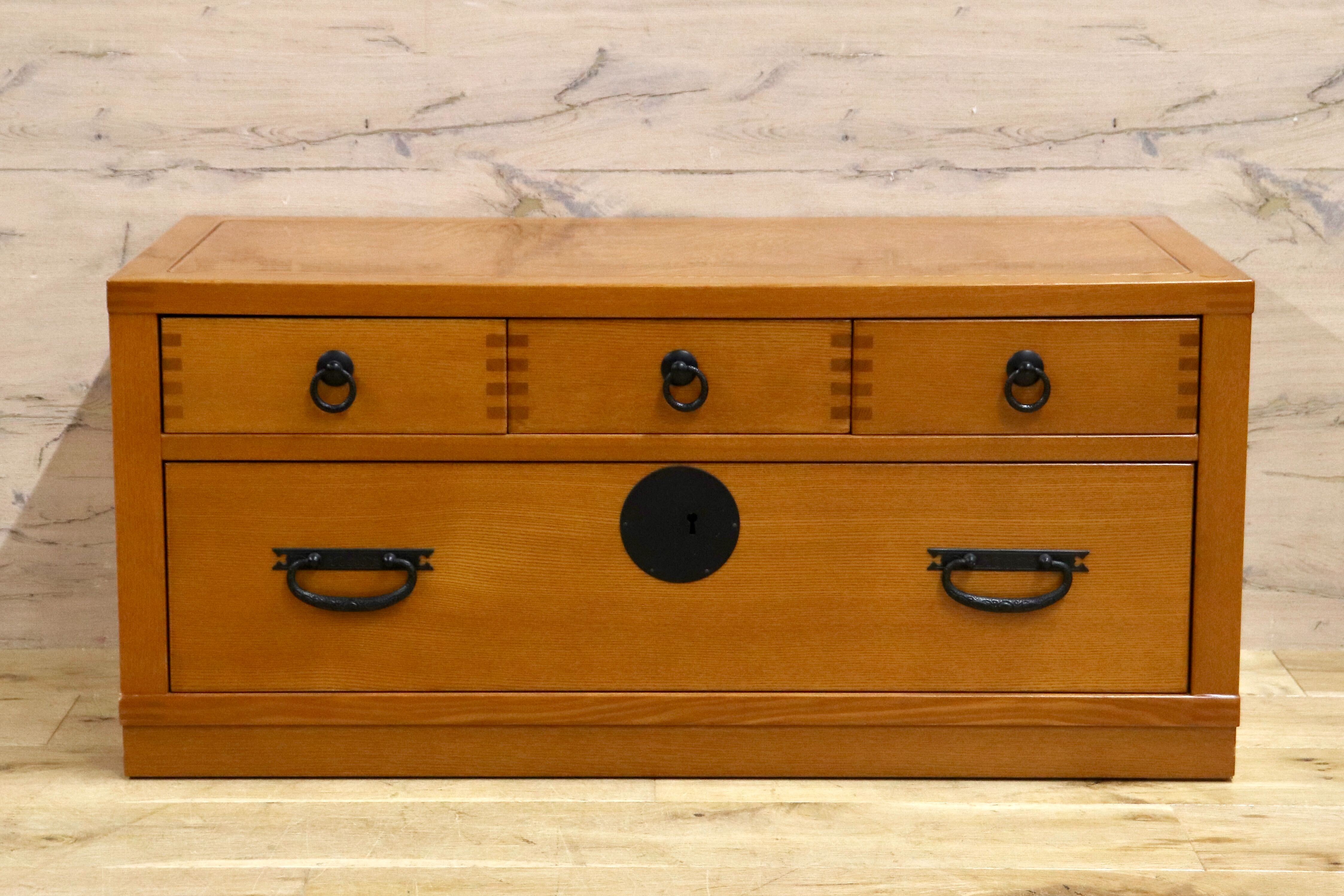 GMHK803○萩原家具 ローチェスト サイドボード 和箪笥 引き出し 鍵付き 収納 和モダン 古民家 レトロ 木製 タモ材