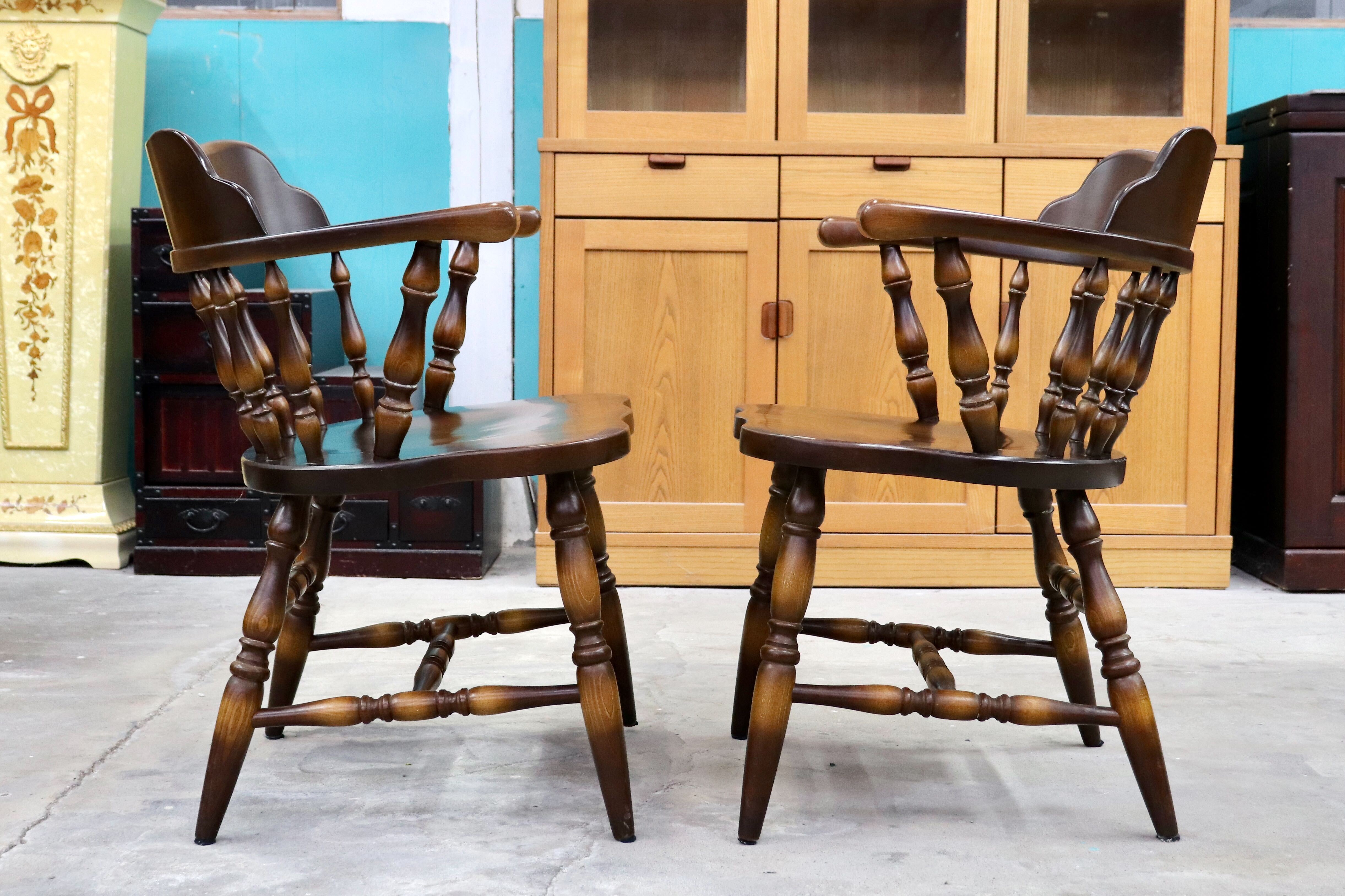 GMIH317A○飛騨産業 / HIDA キツツキ アームチェア 2脚セット ダイニングチェア キャプテンチェア 椅子 ヴィンテージ 無垢 国産家具