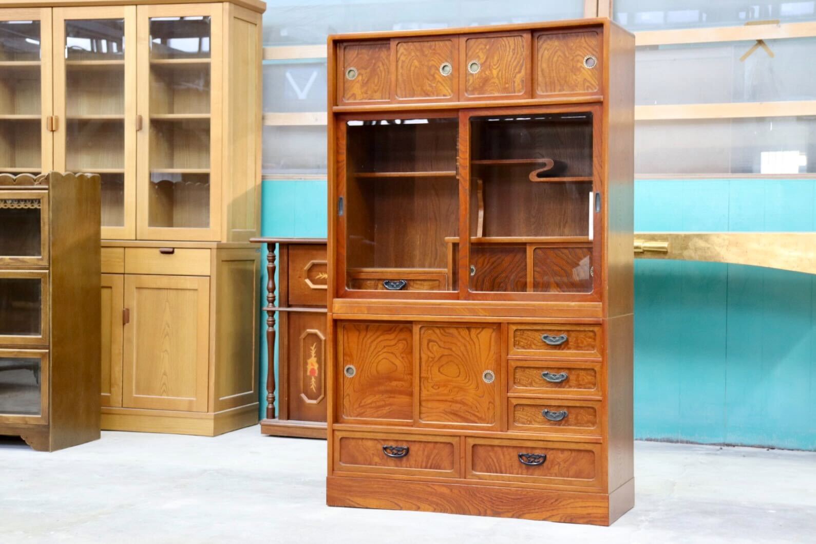 GMHH355○茶箪笥 茶棚 飾り棚 欅 和家具 キャビネット 和モダン 和室 座敷 古民家 収納家具 レトロ アンティーク インテリア