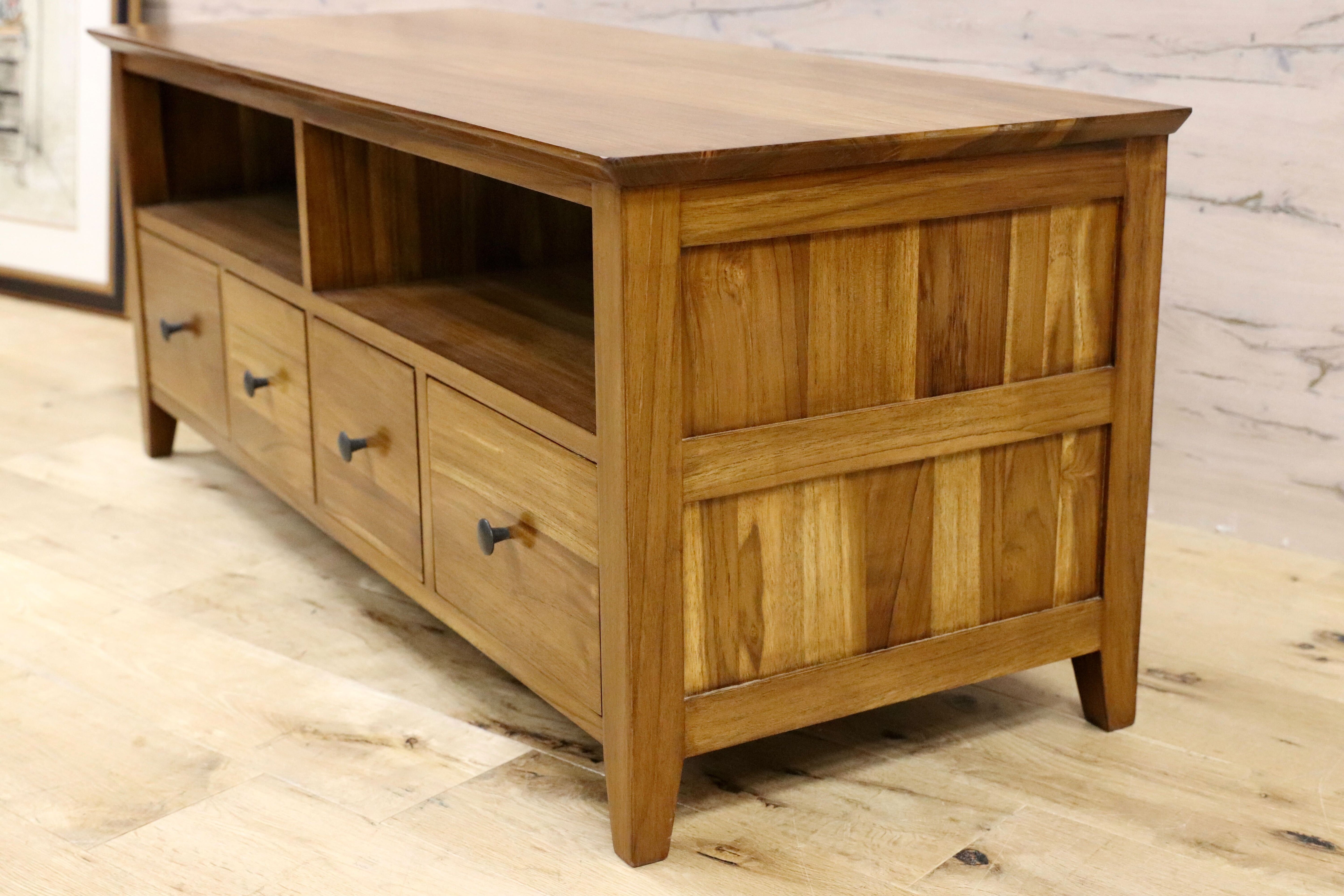 GMGN184○チーク無垢材 テレビボード TVボード AVボード ローボード リビング収納 北欧 アジアン 定価7.6万 未使用B品