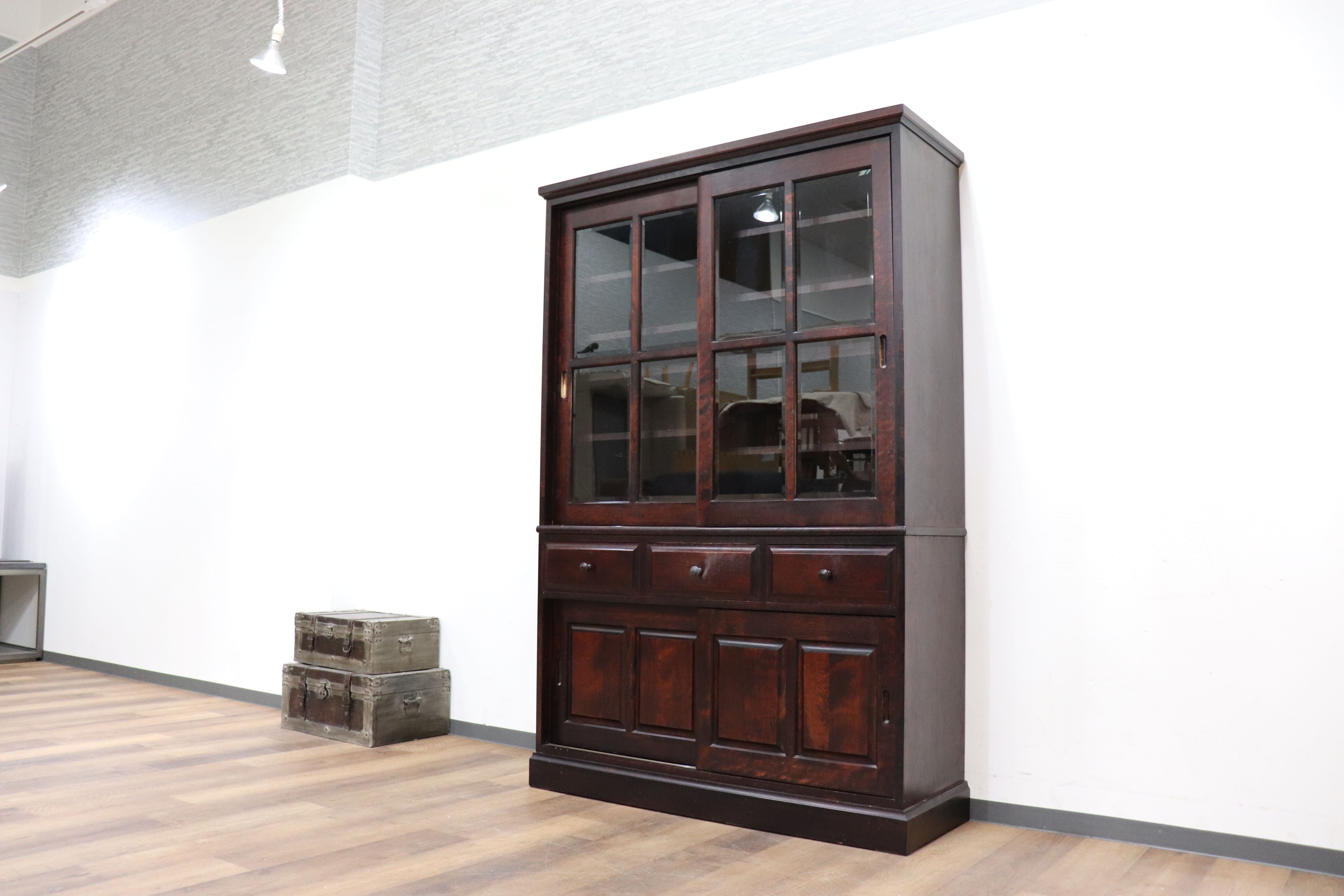 GMHH509○勇峰工芸 ふらの ダイニングボード 水屋 書棚 飾り棚 食器棚 収納家具 樺材 旭川家具 民芸家具 書斎 和家具 和モダン レトロ