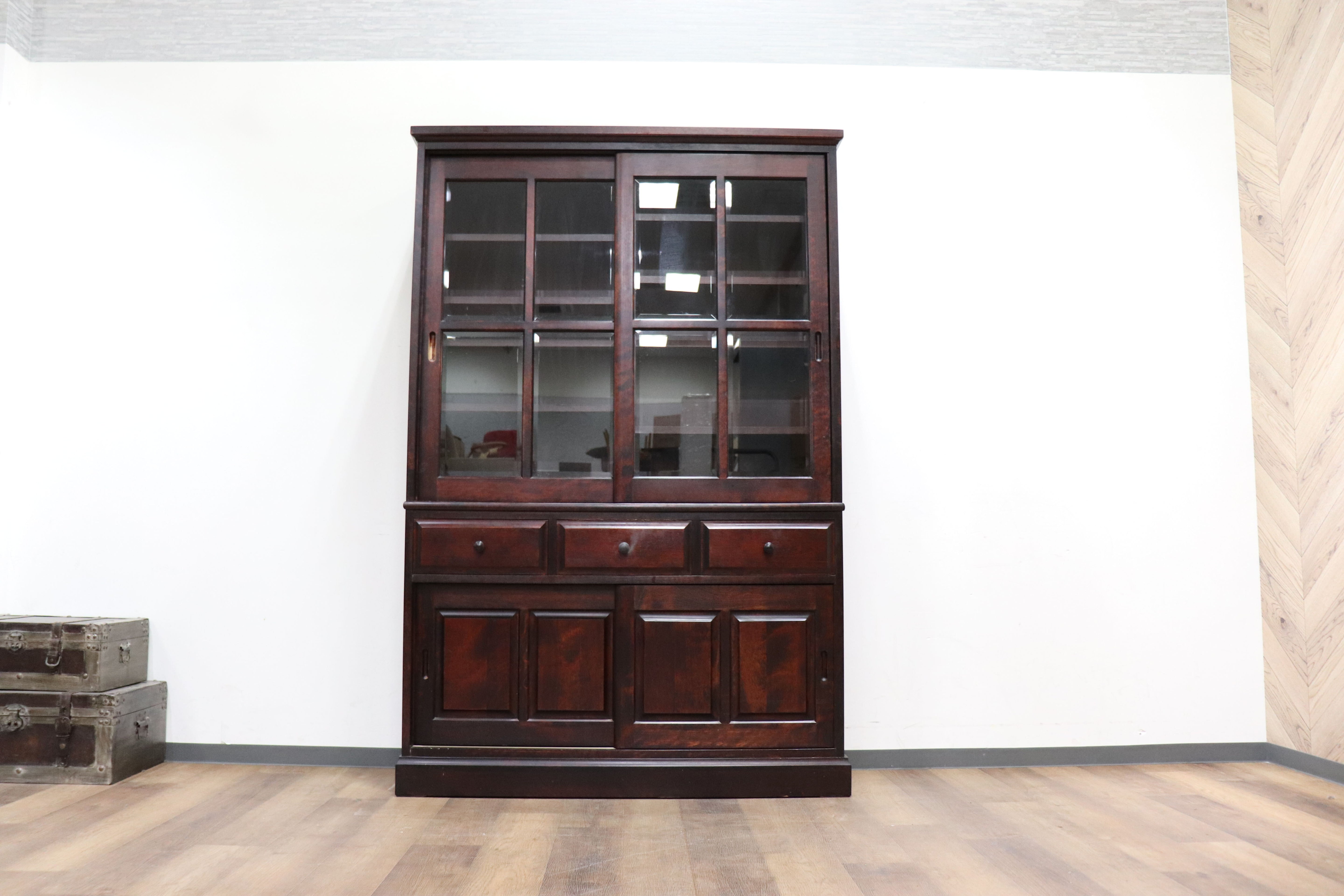 GMHH509○勇峰工芸 ふらの ダイニングボード 水屋 書棚 飾り棚 食器棚 収納家具 樺材 旭川家具 民芸家具 書斎 和家具 和モダン レトロ