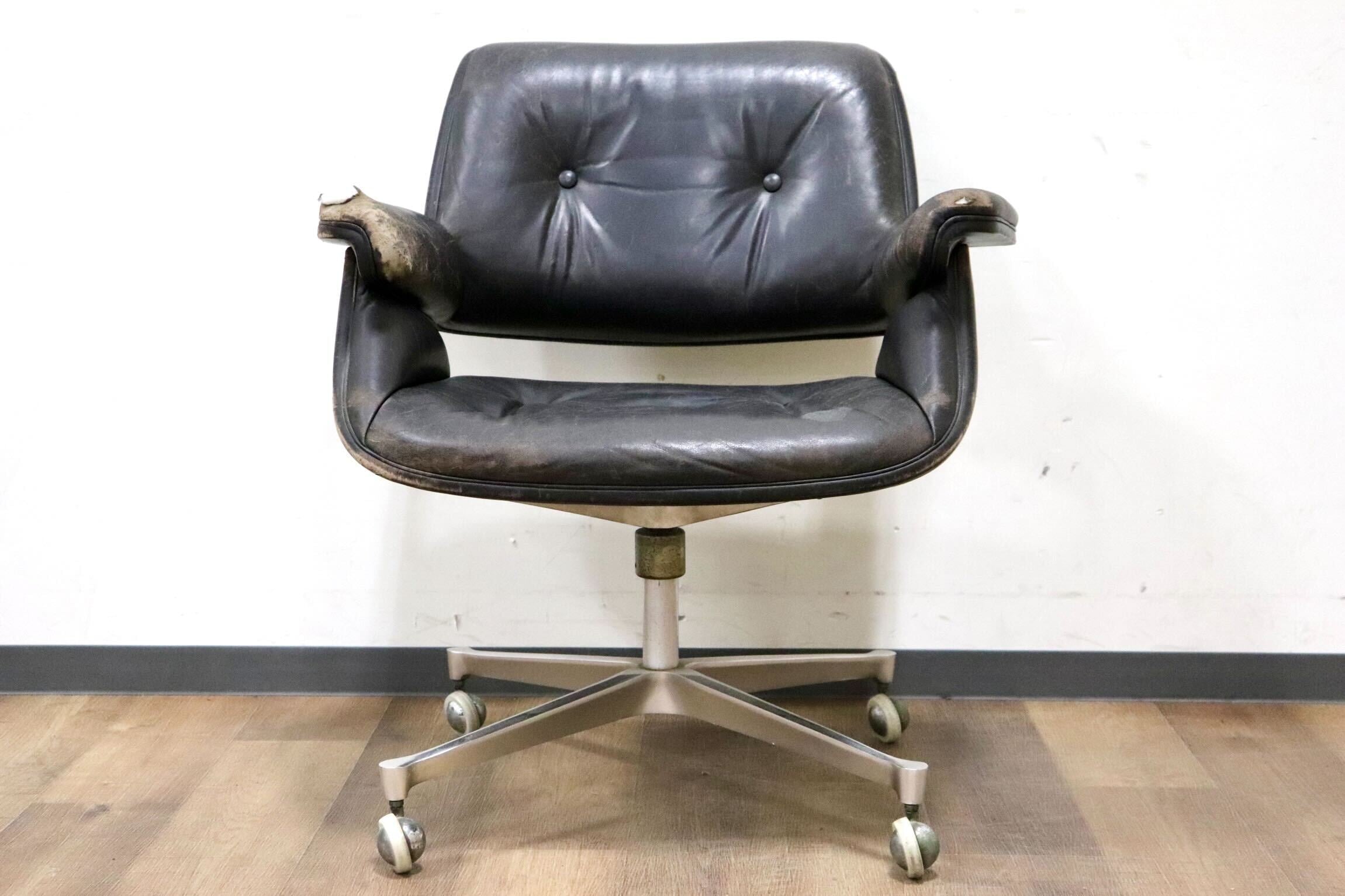 GMHS274○US ヴィンテージ デスクチェア ワークチェア 書斎椅子 回転チェア 本革 ブラック アンティーク 検)giroflex Knoll ポロック