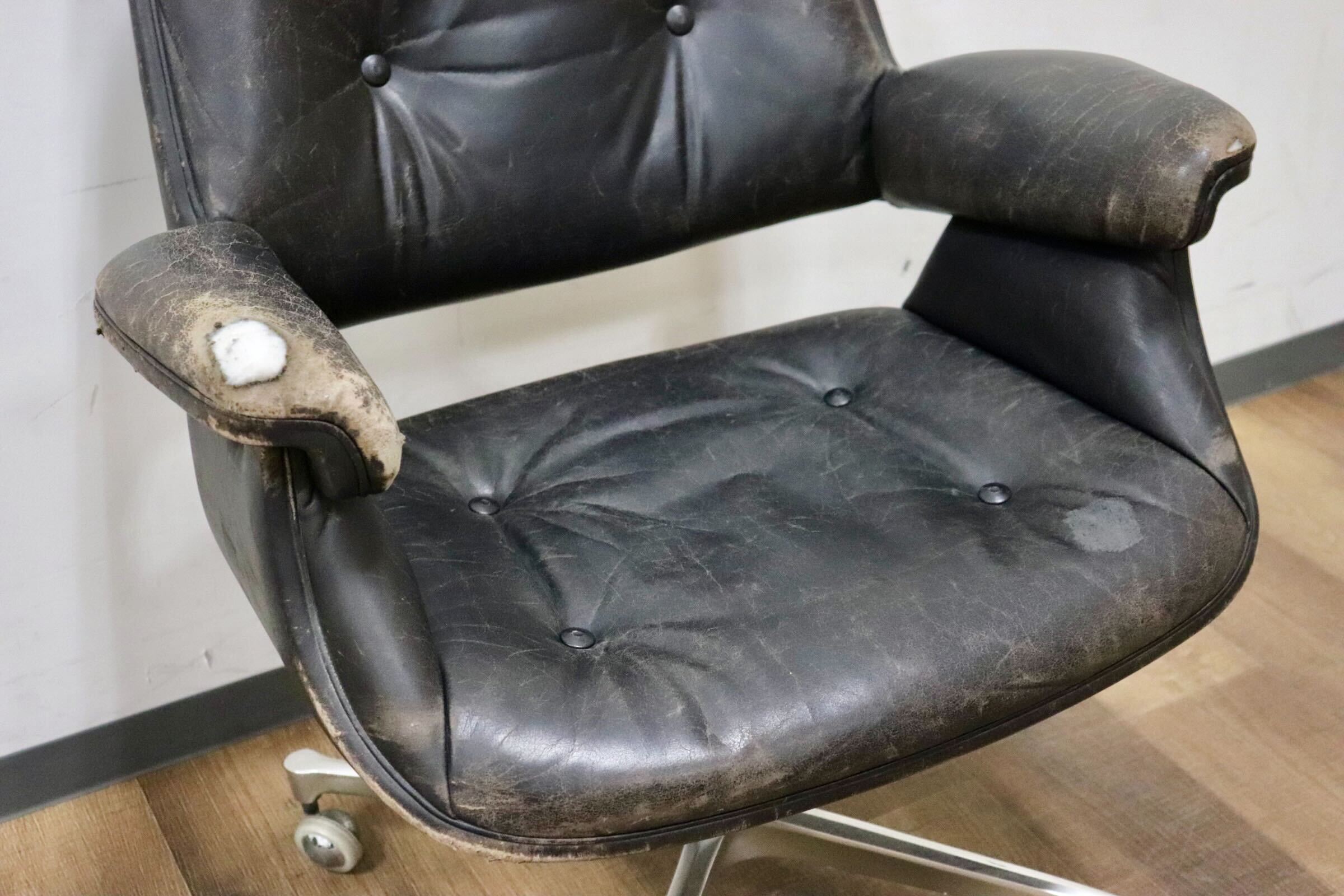 GMHS274○US ヴィンテージ デスクチェア ワークチェア 書斎椅子 回転チェア 本革 ブラック アンティーク 検)giroflex Knoll ポロック