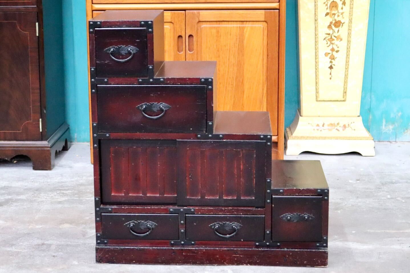 GMIK382A○階段箪笥 時代箪笥 和家具 和モダン 和室 座敷 古民家 チェスト 整理箪笥 アンティーク レトロ 木製 小物入れ 古民具 インテリア
