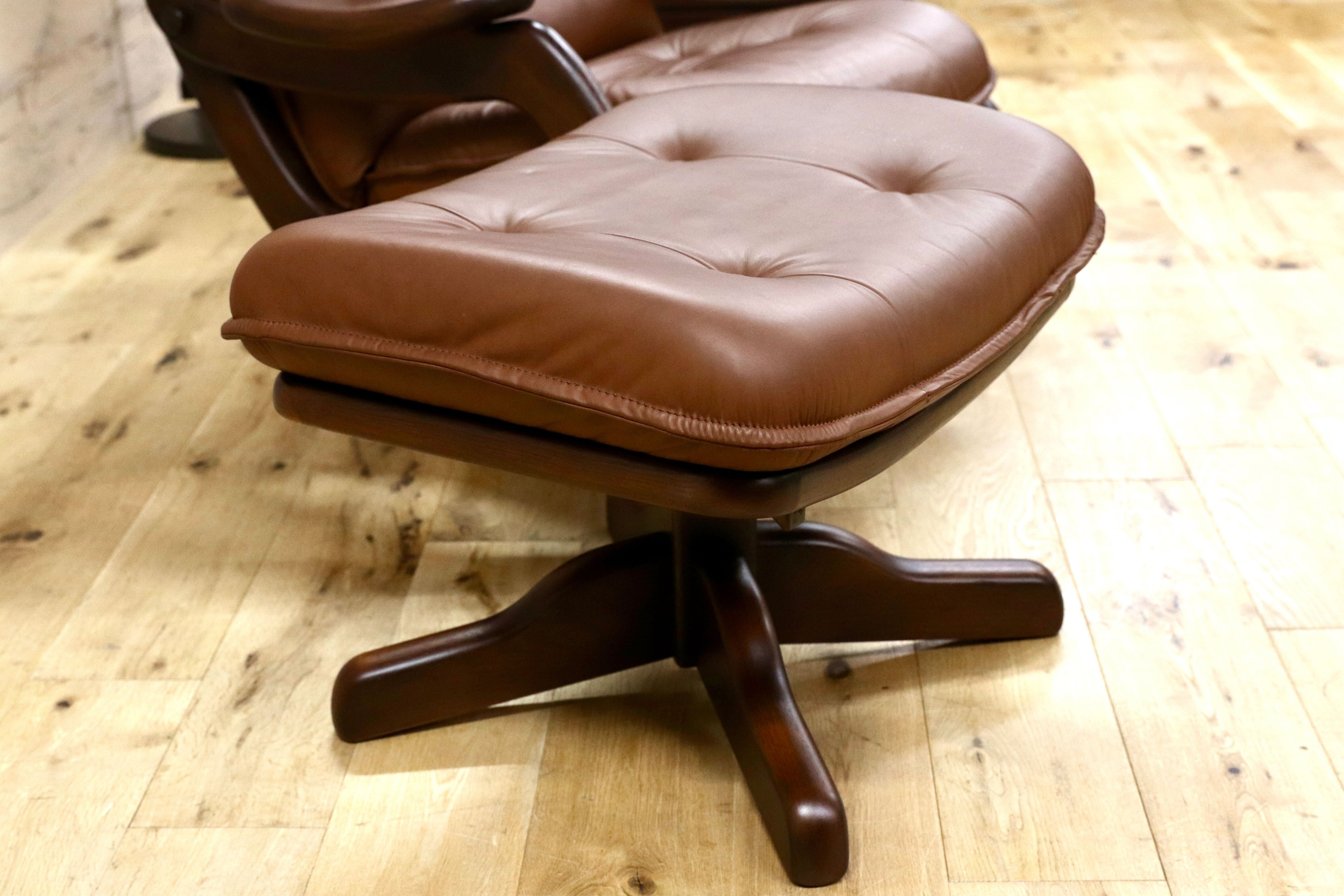 GMFN176○オランダ ダッチカントリースタイル パーソナルチェア シングルソファ 1人掛けソファ 回転チェア オットマン 本革 ブラウン 楢材