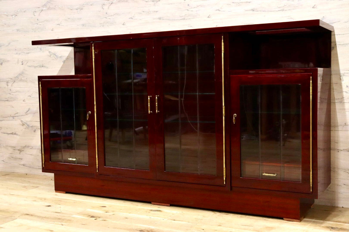 GMJS289◯北谷家具 / KIT FURNITURE サイドボード キャビネット 飾り棚 キュリオケース 仔山羊革張り ヴィンテージ 皇室御用達 最高級