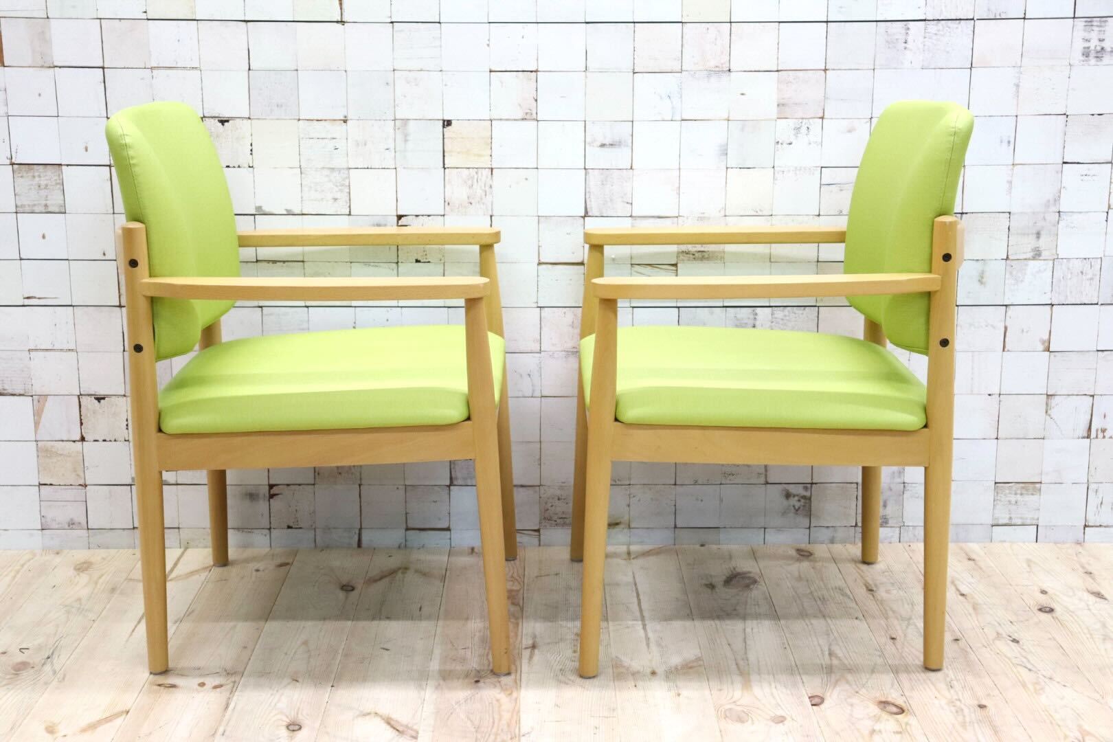 GMFT413G○LION / ライオン事務器 アームチェア オフィスチェア 椅子 2脚セット 合皮 イエローグリーン ナチュラル