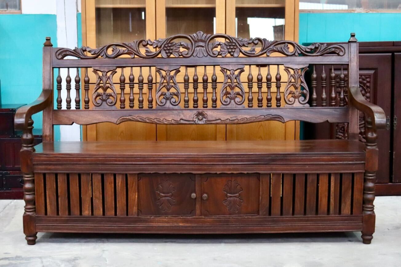 GMIK443○COLONY HOUSE / コロニーハウス ベンチ 長椅子 収納付き 木製 無垢材 ヴィンテージ クラシカル 神戸洋家具