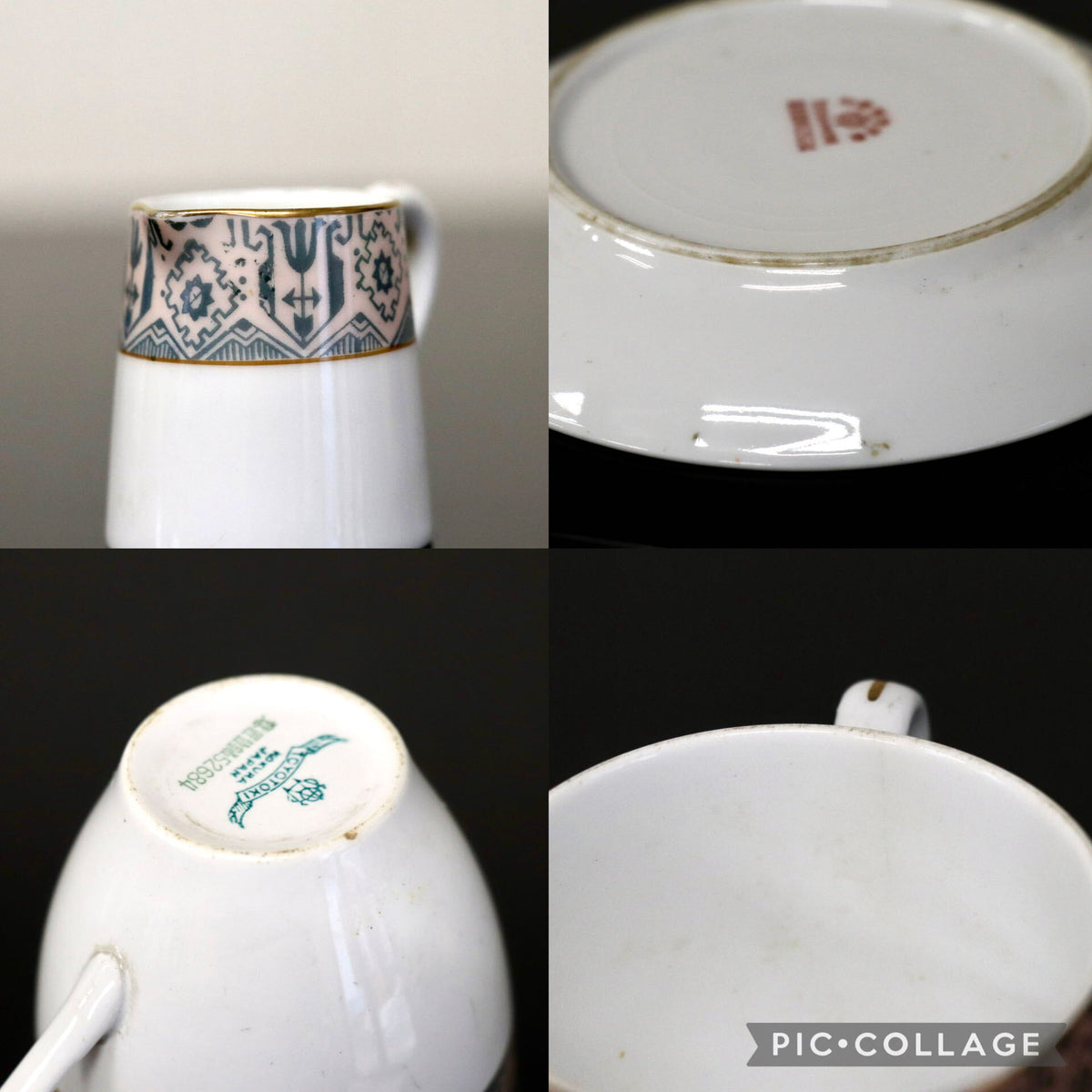 GMJO141B○東洋陶器 オールド東陶 戦前 モザイク柄 カップ&ソーサー デミタスカップ クリーマー 金彩 アンティーク 廃盤 稀少 2客セット