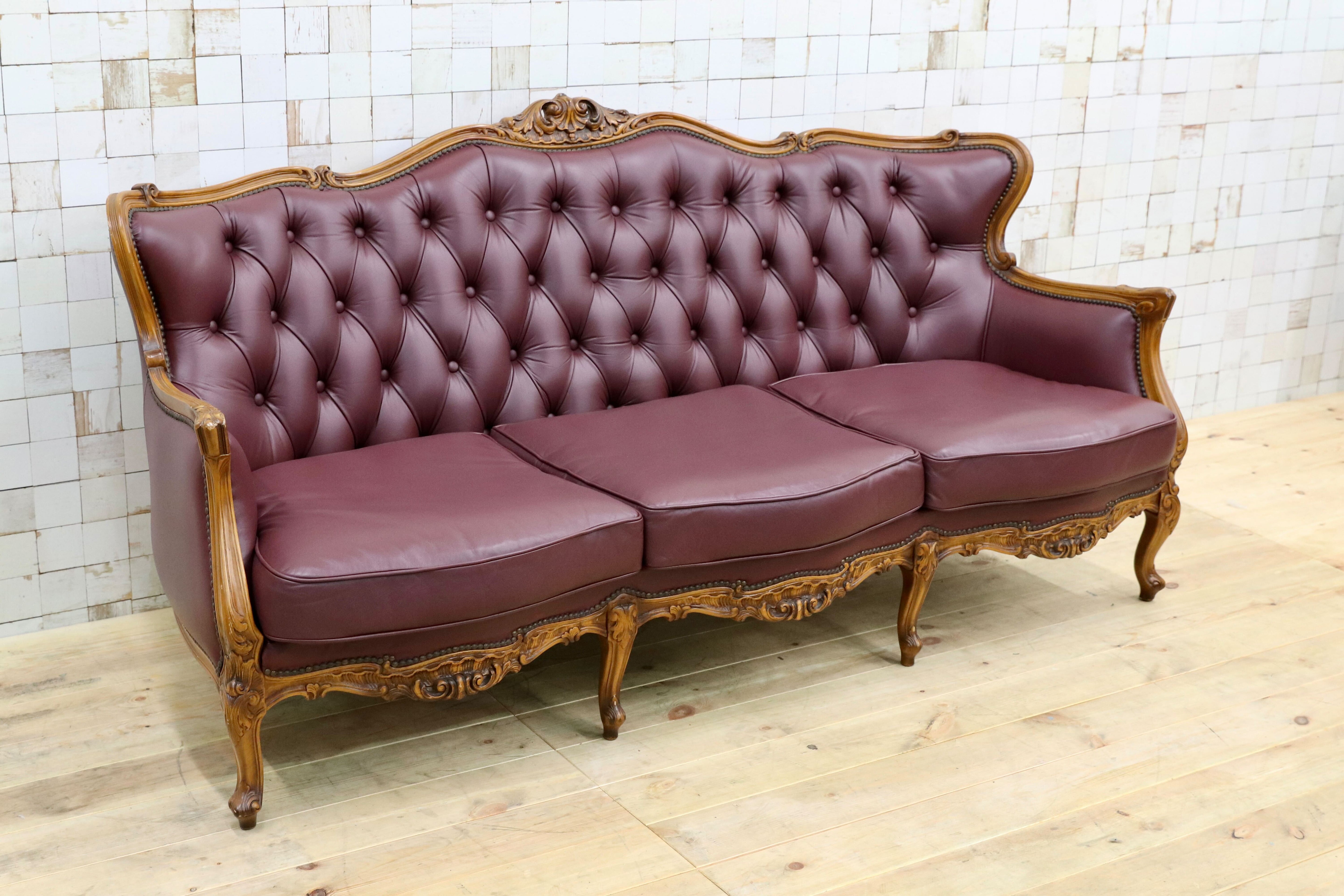 GMHS507○イタリア製 クラシック 3人掛けソファ トリプルソファ 本革 レザー ヴィンテージ 長椅子 応接 チェア 小豆色