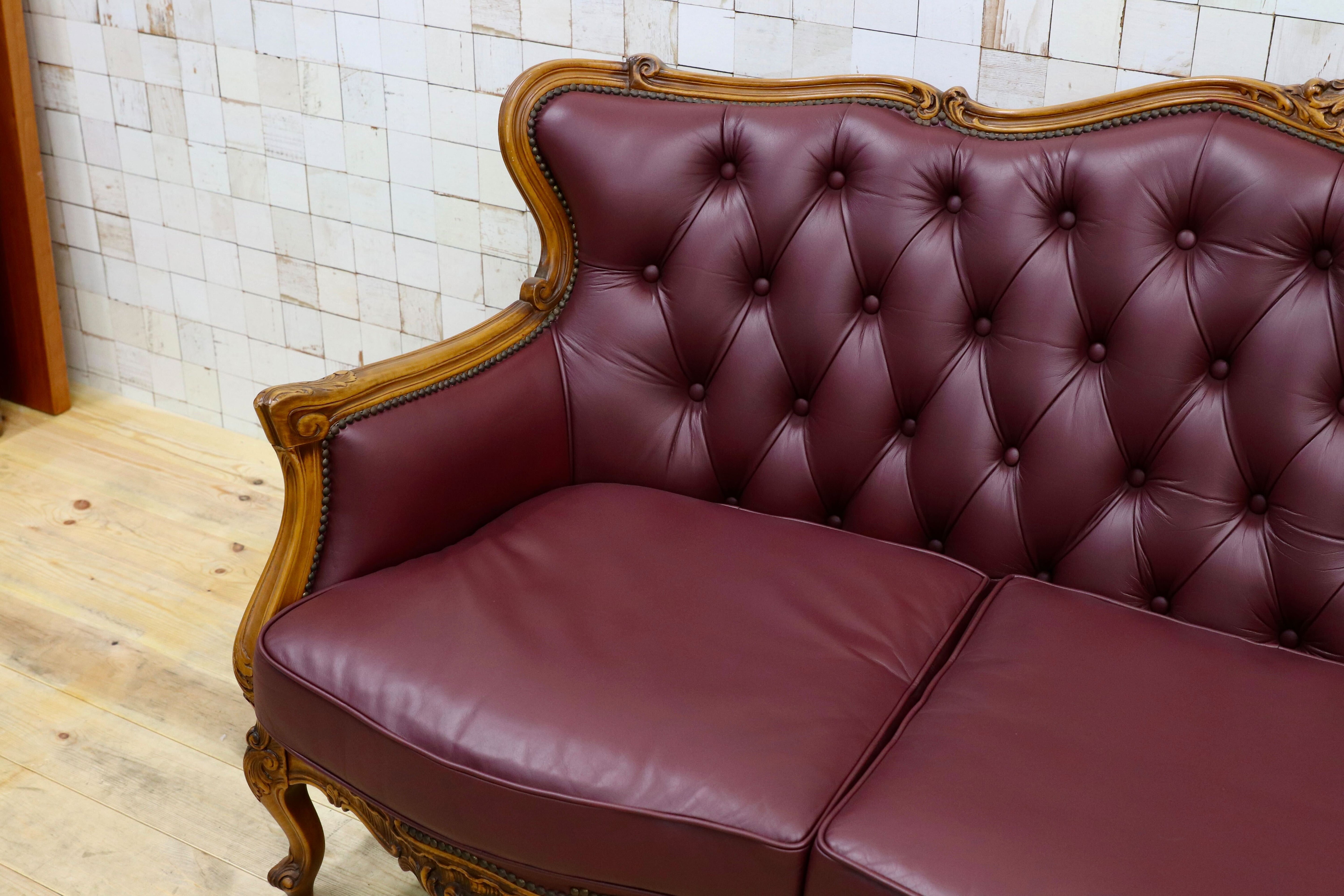 GMHS507○イタリア製 クラシック 3人掛けソファ トリプルソファ 本革 レザー ヴィンテージ 長椅子 応接 チェア 小豆色