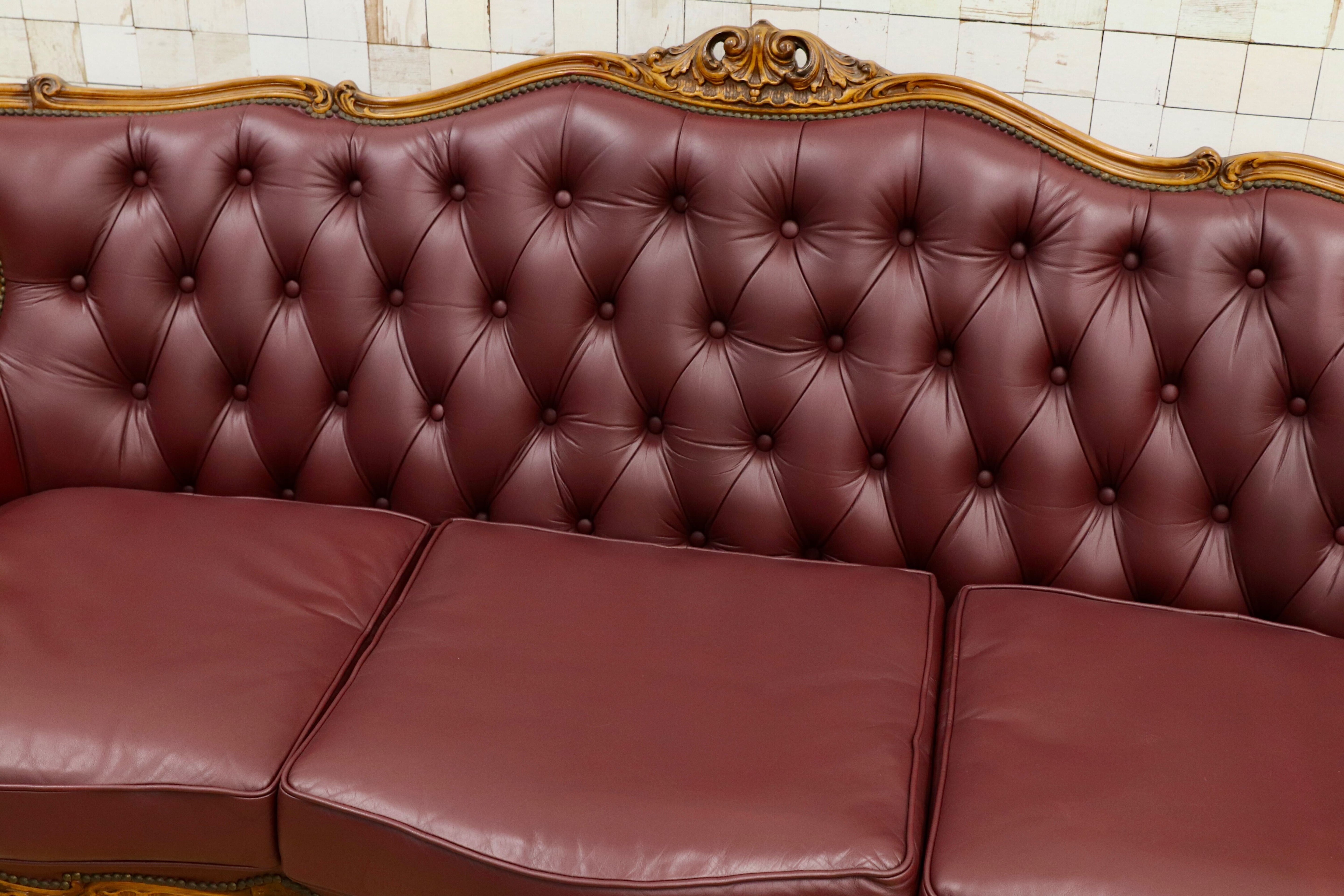 GMHS507○イタリア製 クラシック 3人掛けソファ トリプルソファ 本革 レザー ヴィンテージ 長椅子 応接 チェア 小豆色