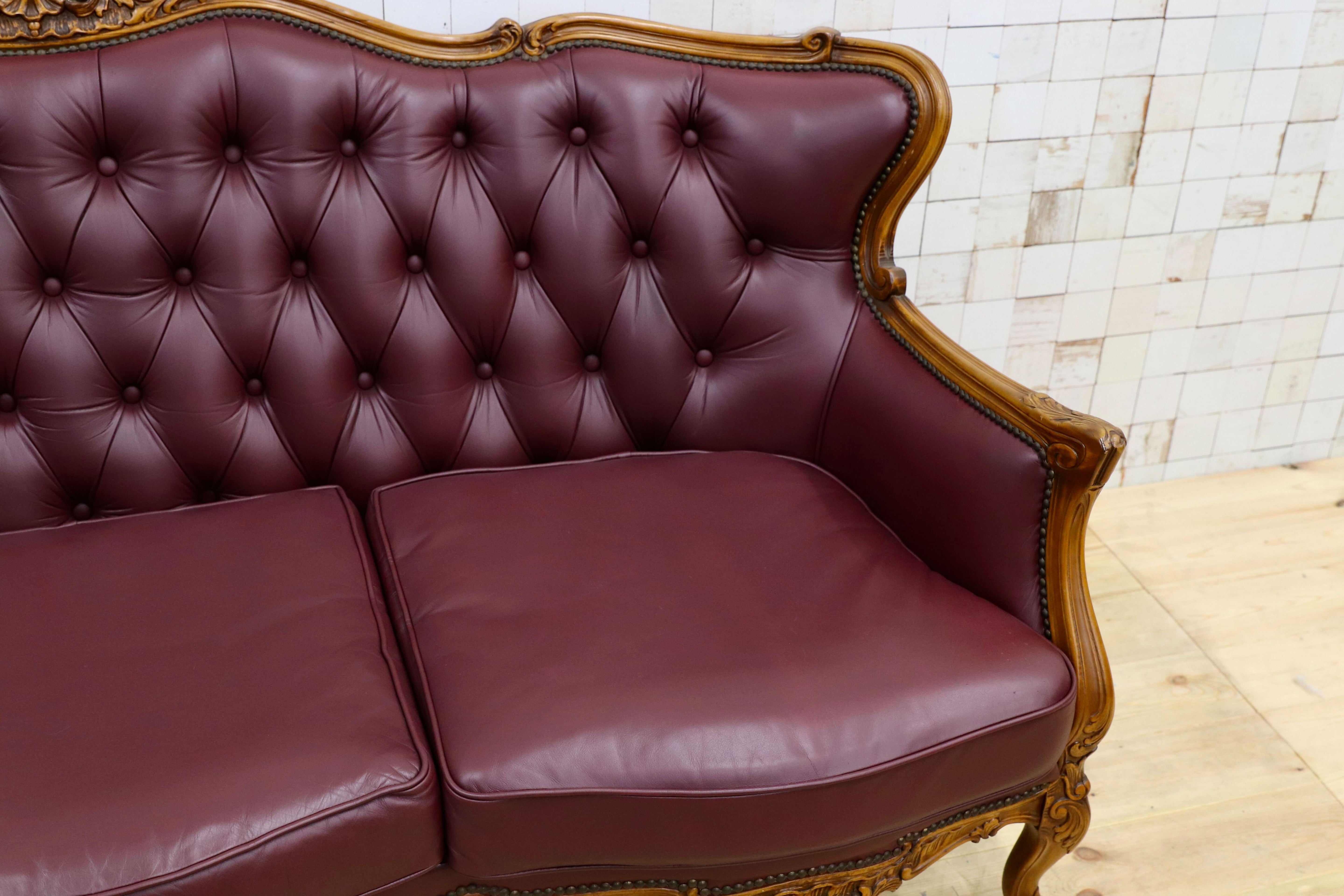 GMHS507○イタリア製 クラシック 3人掛けソファ トリプルソファ 本革 レザー ヴィンテージ 長椅子 応接 チェア 小豆色